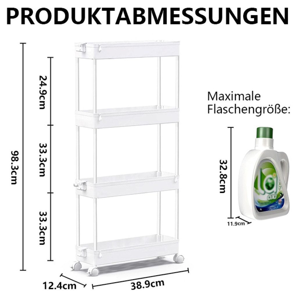 SPACEKEEPER Servierwagen 4-stöckiger schmaler Rollwagen, Badorganizer, Küchenorganizer, (1 St), Mobiler Aufbewahrungswagen für enge Nischen, Küche & Wäscherei
