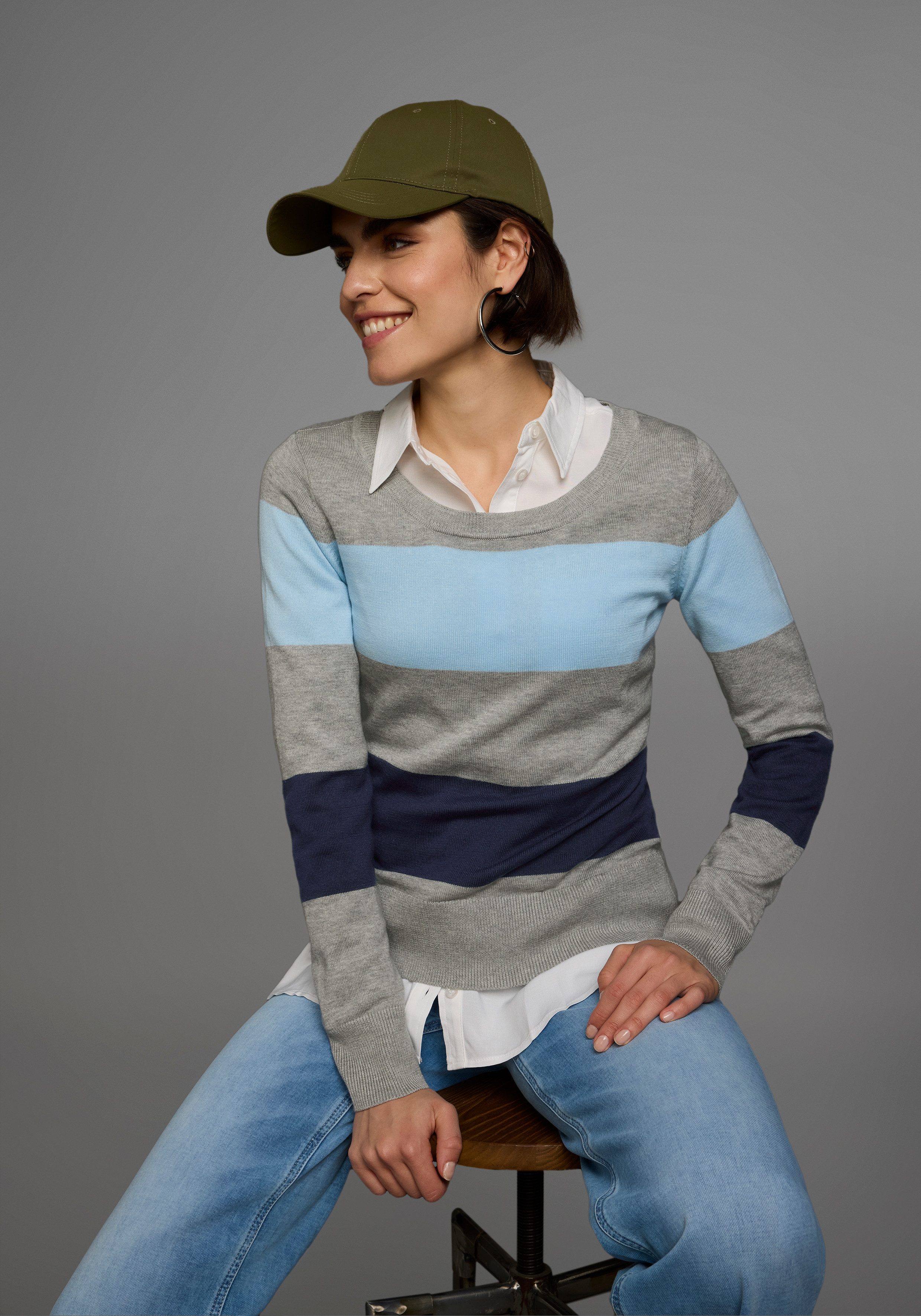 AJC Rundhalspullover mit breiten Block-Streifen