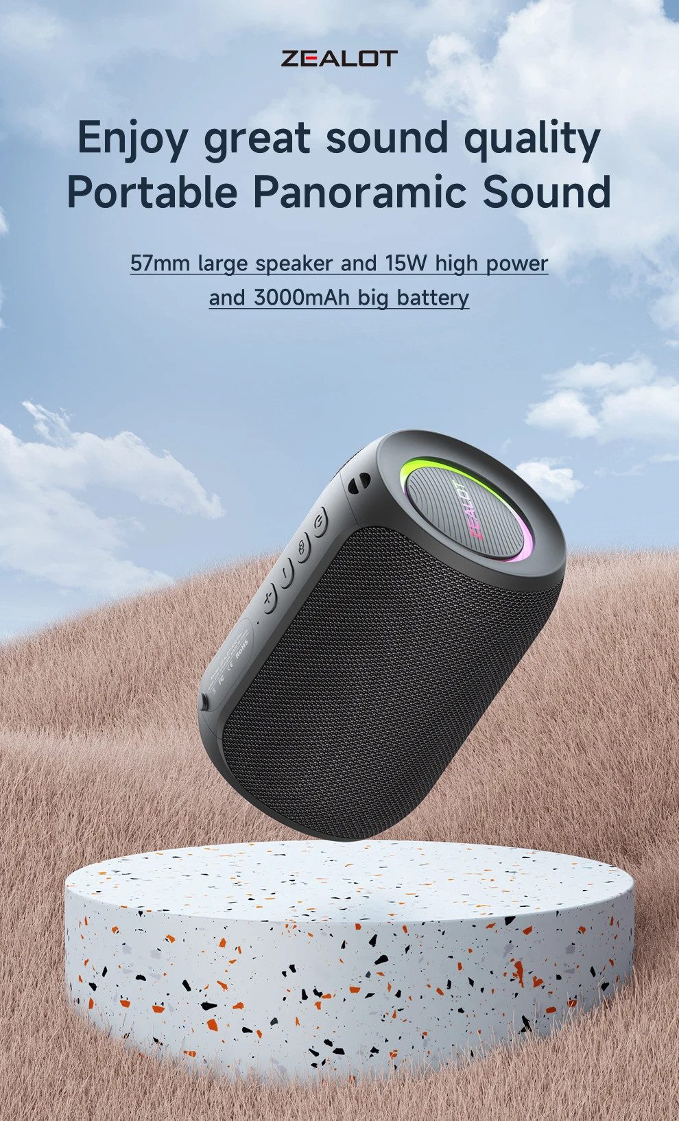 ZEALOT S32 PRO Lautsprecher Bluetooth Wasserdicht Kabellos Musikbox Bluetooth-Lautsprecher (15 W, IPX5 Wasserdicht, 15 Std. Musikwiedergabe, 360° Bass)