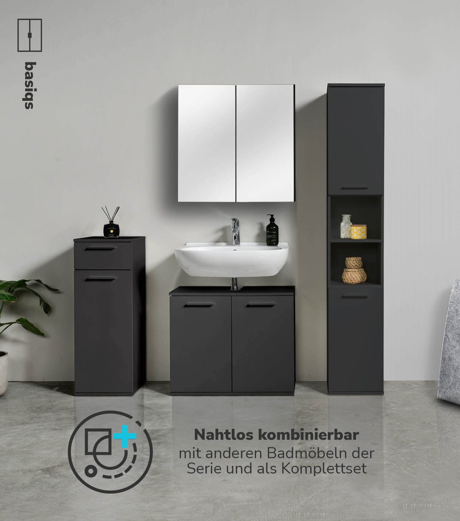 mokebo Midischrank Der Matrose (91x33x34 cm, mit Einlegeboden & Schublade) schmaler Badschrank, Badezimmerschrank in Anthrazit Schwarz – Bild 5 von 5