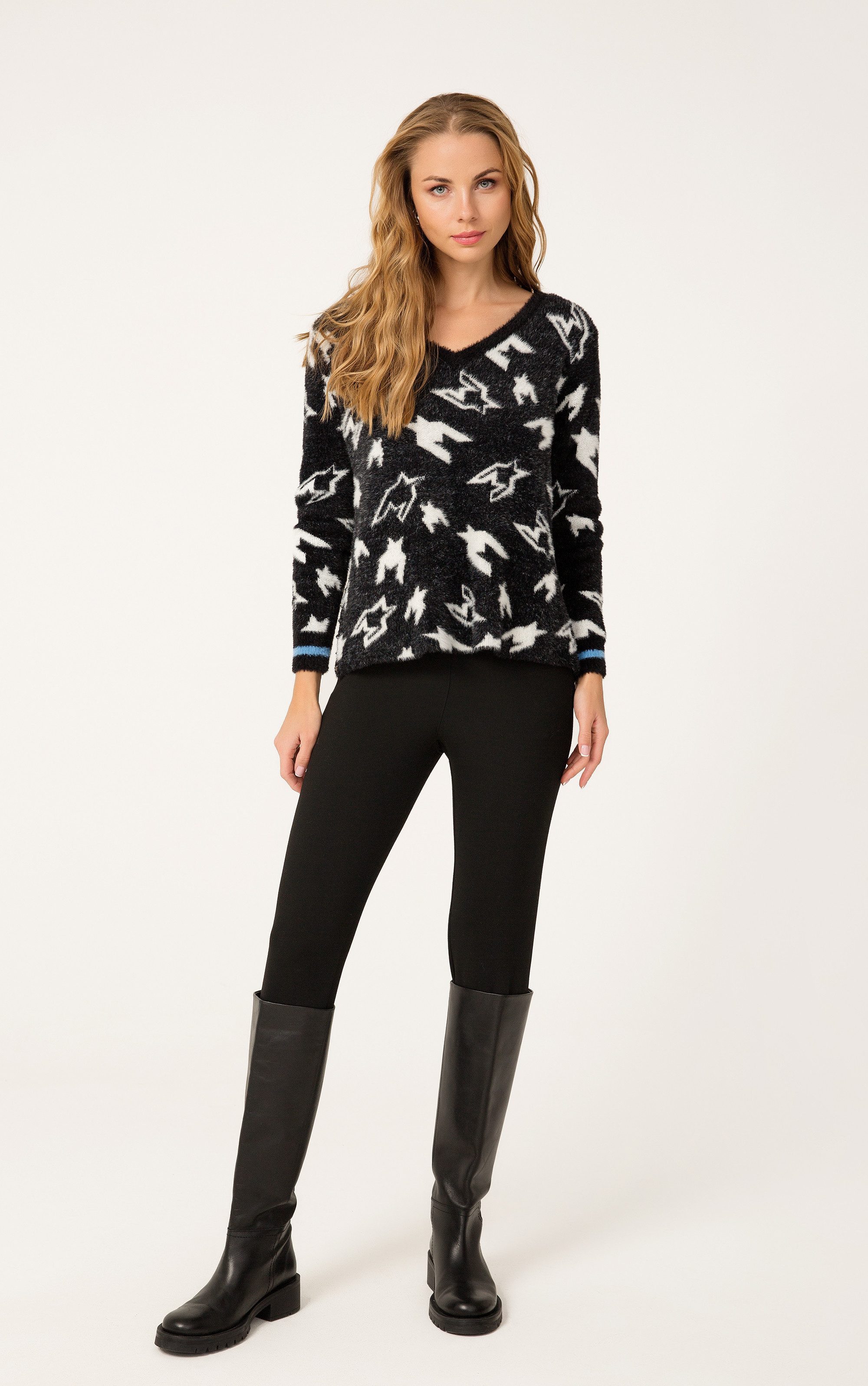 Passioni Strickpullover mit V-Ausschnitt und Hahnentrittmuster mit seitlich günstig online kaufen