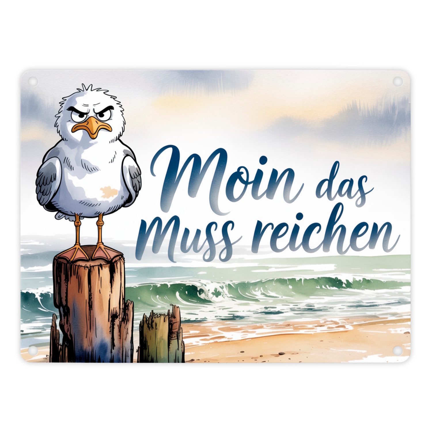 speecheese Metallschild Möwe Aquarell Moin Spruch Metallschild in 15x20 cm