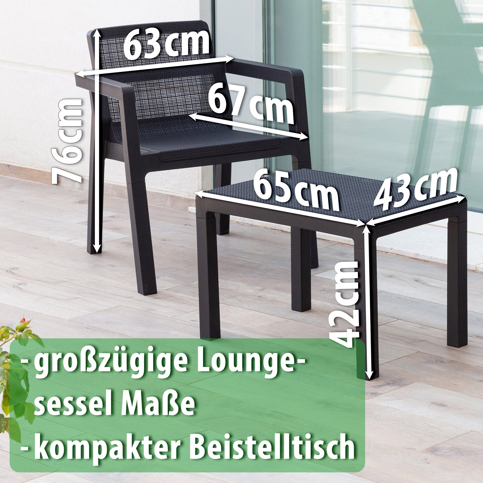 ONDIS24 Gartenlounge-Set Riviera Balkonmöbel Set Gartenmöbel Set 2 Sessel mit Tisch, (3-tlg), in Jute Optik aus UV-& wetterbeständigen Kunststoff