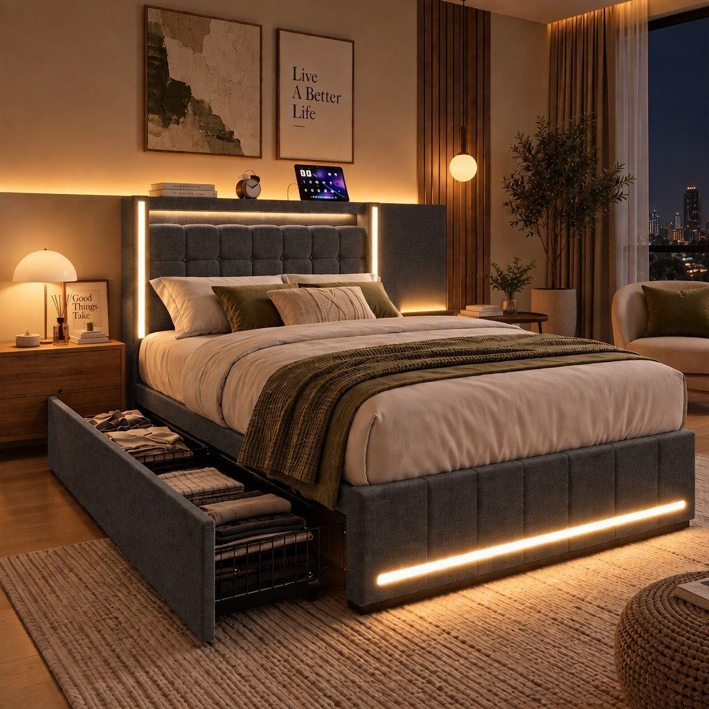 Furnishings Home Polsterbett LED Doppelbett Stauraumbett mit Kopfteil und 4 Schubladen (Leinenmaterial Polsterbett mit RGB Beleuchtung), mit Lattenrost und Ladefunktion, mit Komforthöhe, Leises Design Bett