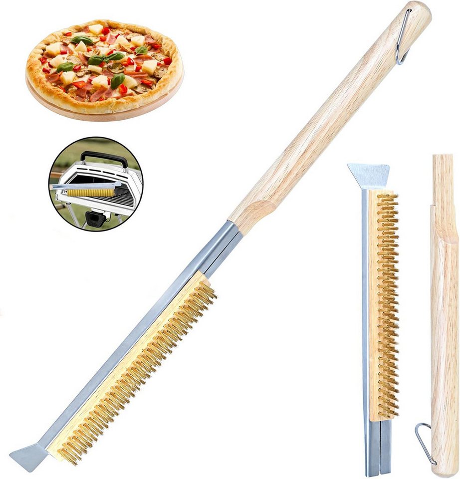 Vornix Grillbürste mit Schaber und langem Holzgriff, 56cm BBQ-Reinigungsbürste, (mit robusten Metallborsten und Aufhängeschlaufe für Grillrost, Fugen, Herdplatten, Metall & Stein, mit Aufhängeöse für Werkstatt und Küche)
