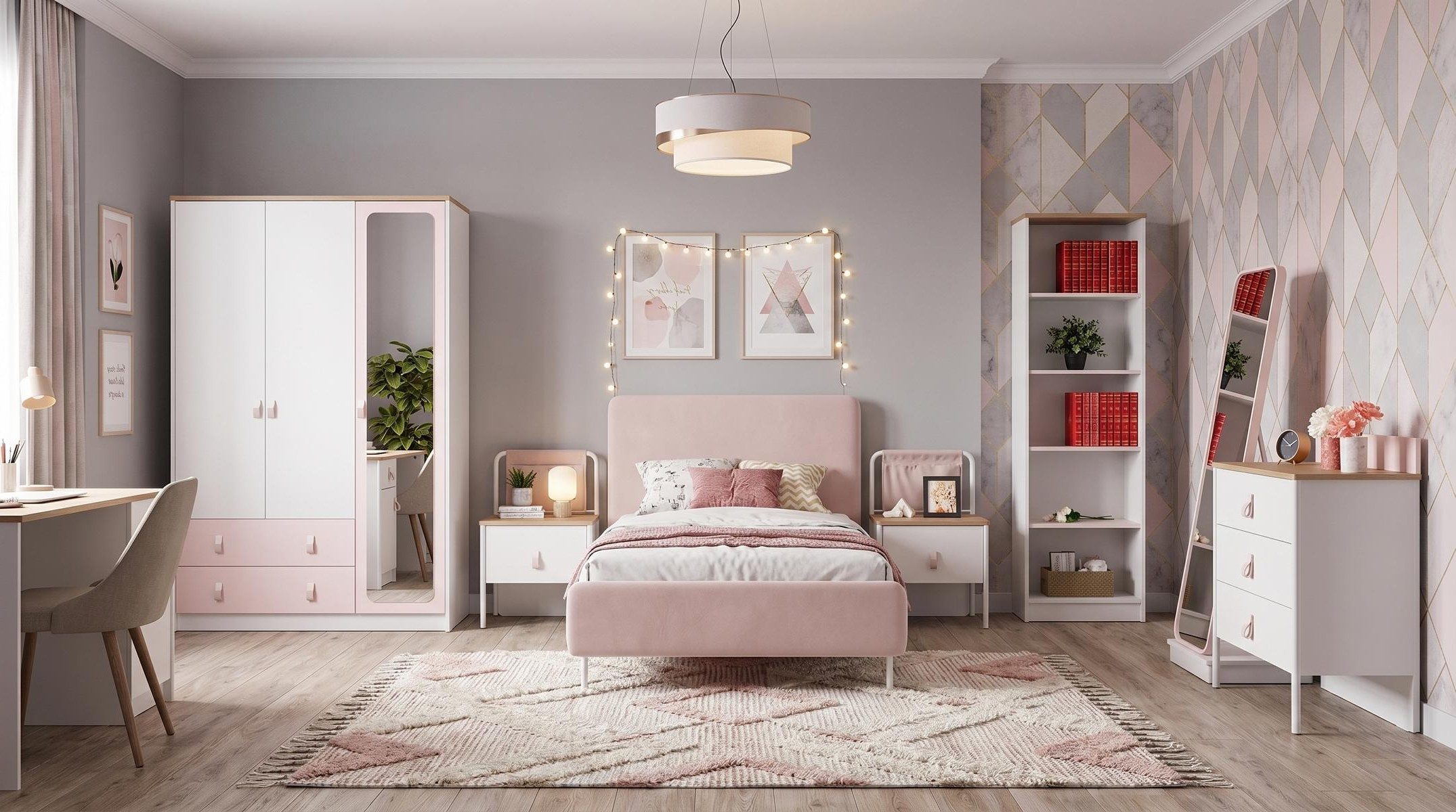 Xlmoebel Kleiderschrank Weiß-rosa Kleiderschrank für Jugendzimmer mit viel Stauraum (Jugendzimmer-Set, 4-St., 4-tlg)