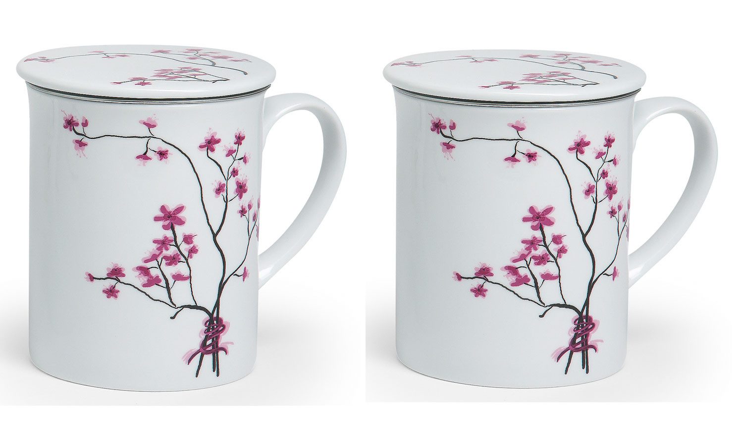 Dekomiro Tasse Dekomiro 2er Set TeaLogic Teetasse Cherry Blossom mit Teesieb, Porzellan