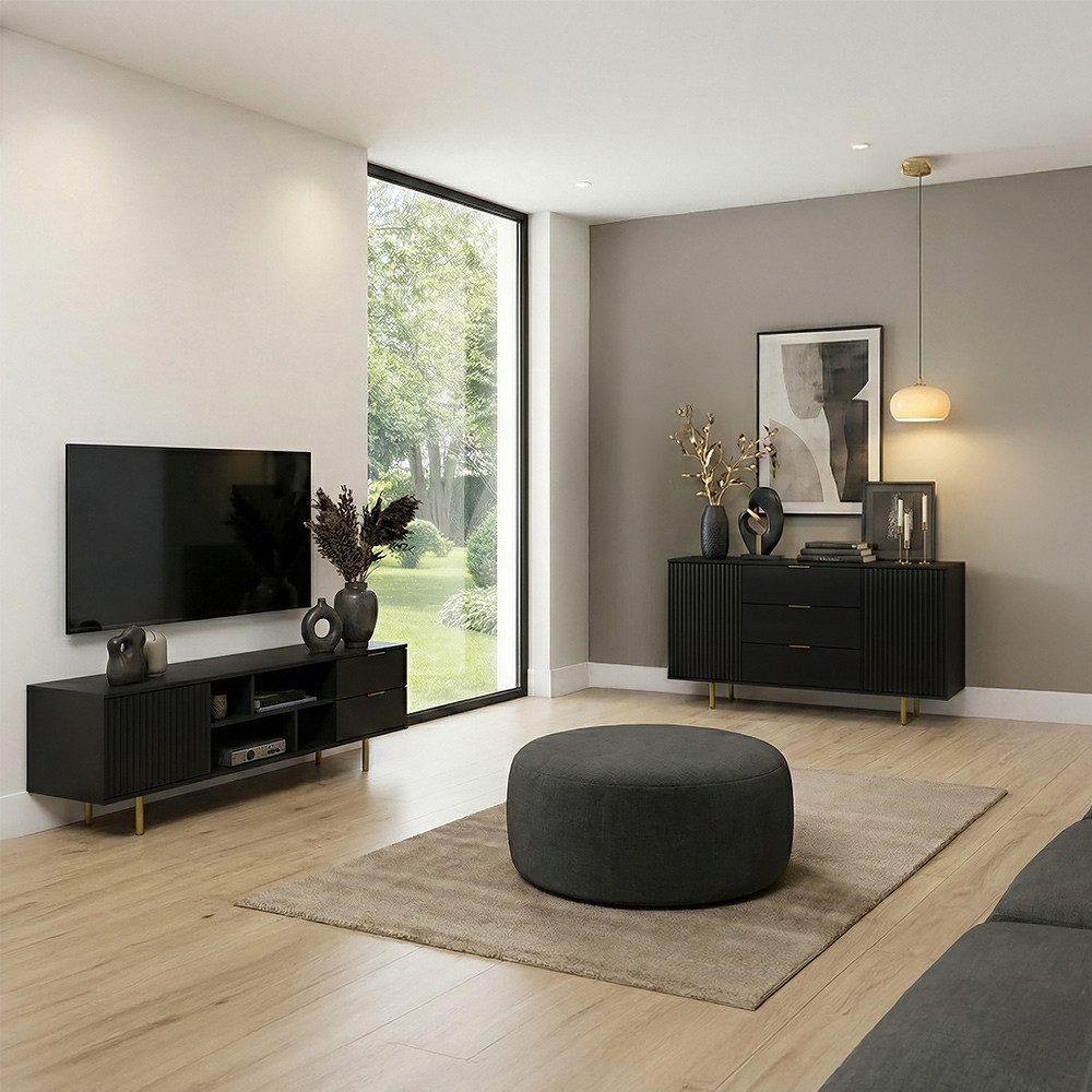 Lomadox Wohnzimmer-Set NADOR-132, (Mega-Spar-Set, 2-St., Lowboard Sideboard), matt schwarz, goldfarbenen Metallgriffen und -füßen, Front Rillenoptik