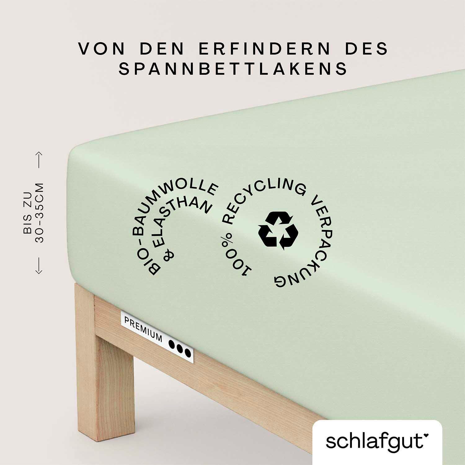 Schlafgut Spannbettlaken PREMIUM Mako-Zwirn-Jersey, 220 g/m², 95% Bio-Baumwolle, 5% Elasthan, Mako-Zwirn-Jersey, Gummizug: rundum, (1 Stück), Bettlaken bis 30 cm Höhe, PREMIUM-Qualität langlebig, perfekter Sitz