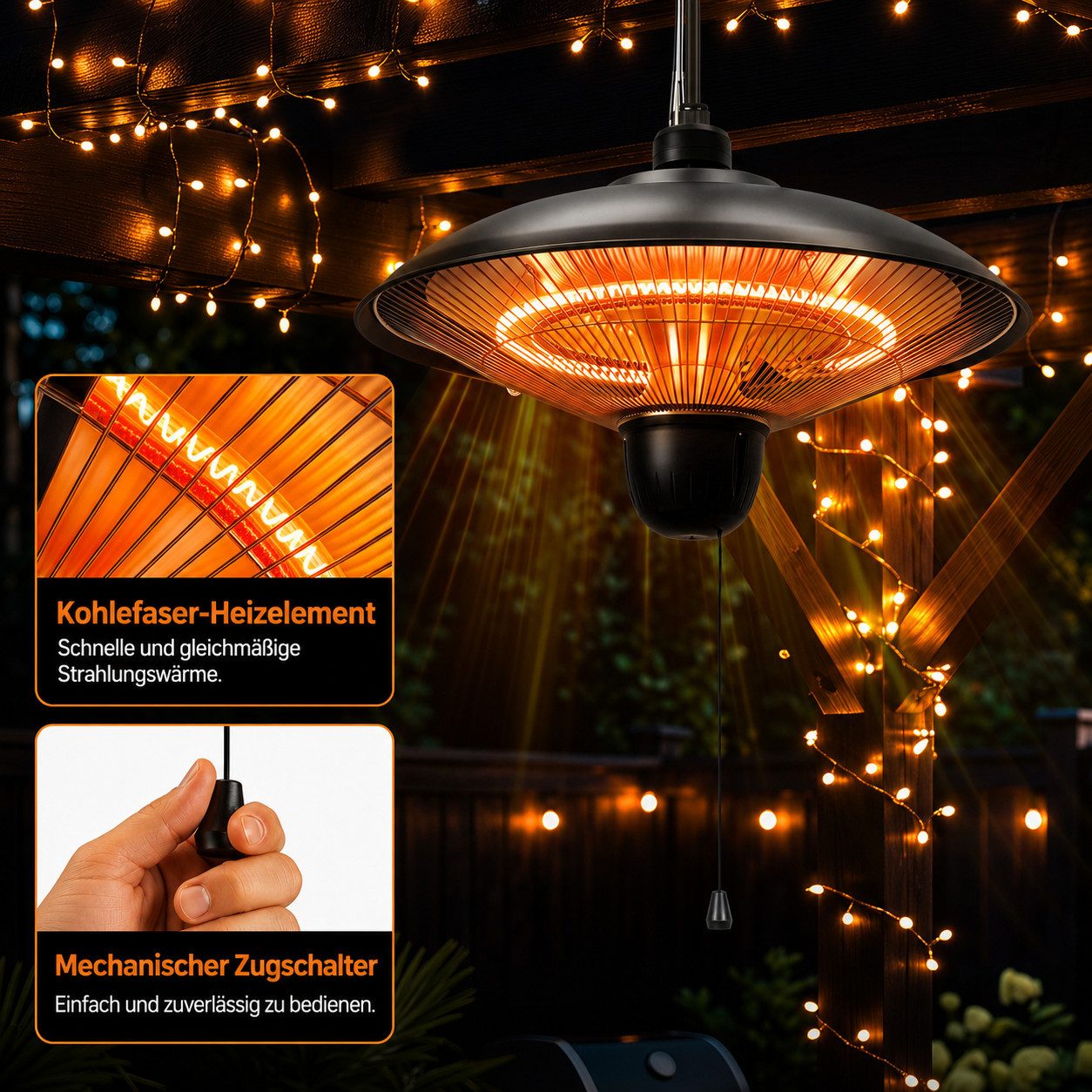 Clanmacy Terrassenstrahler Heizstrahler Decke Kohlefaser 600/1200/1800W mit Zugschalter IP55