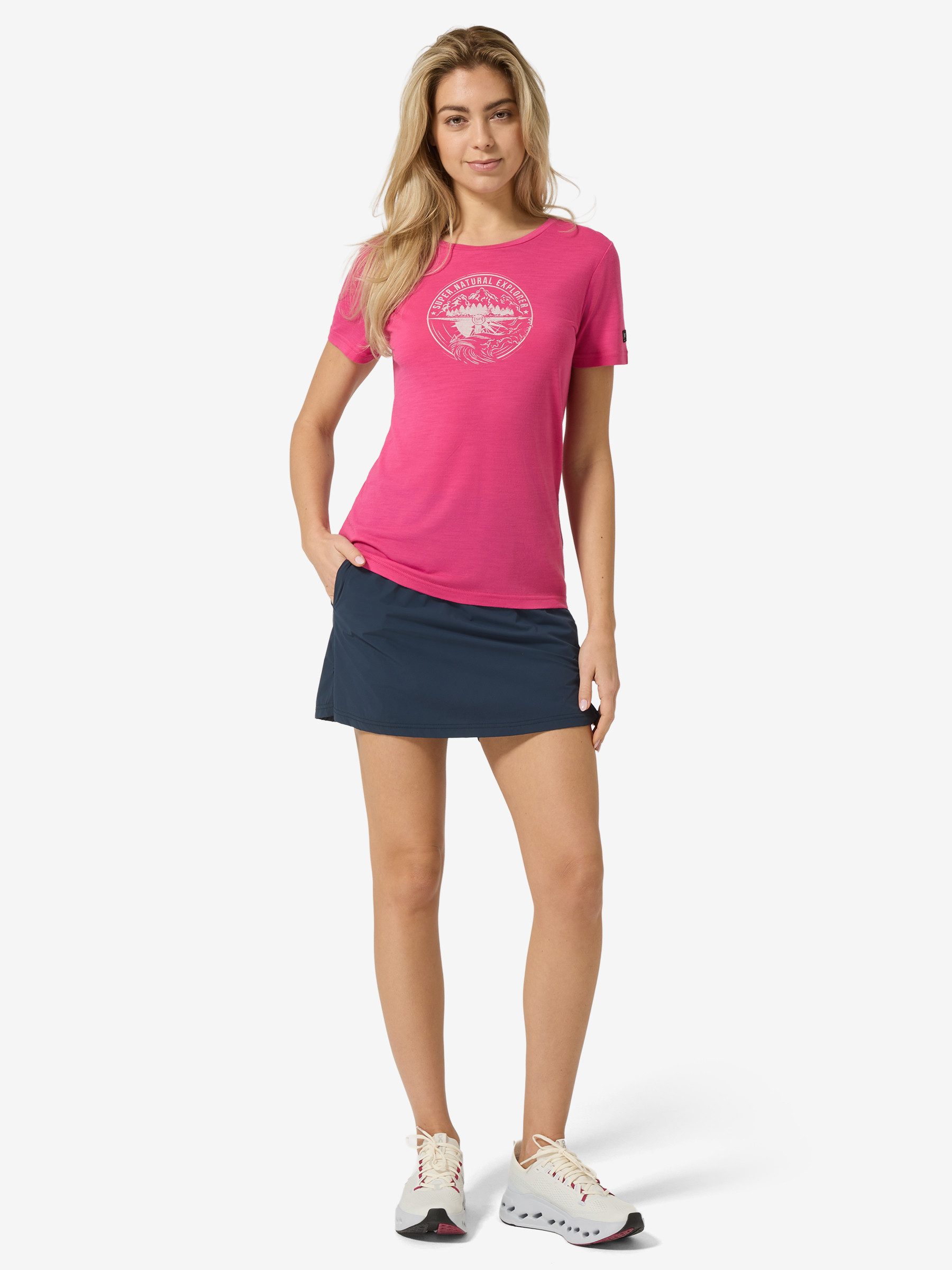SUPER.NATURAL T-Shirt für Damen,Merino W EXPLORING TEE mit Reise-Motiv, atmungsaktiv