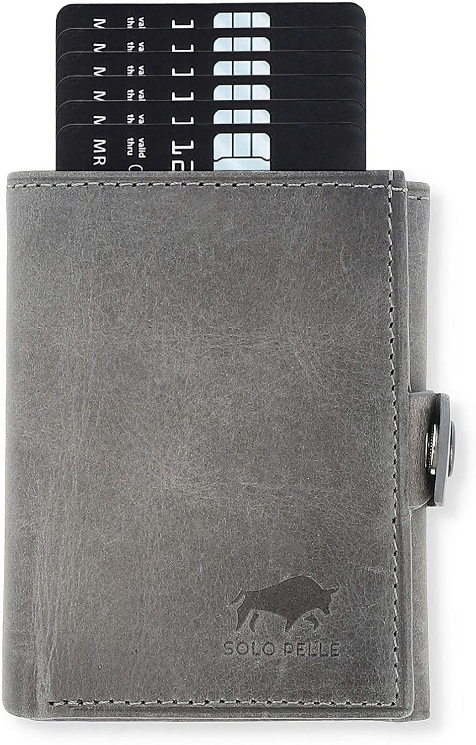 Solo Pelle Mini Geldbörse Slim Wallet mit Münzfach [12 Karten] Slimwallet Riva [RFID-Schutz], echt Leder, Made in Europe in elegantem Design mit RFID Schutz Steingrau