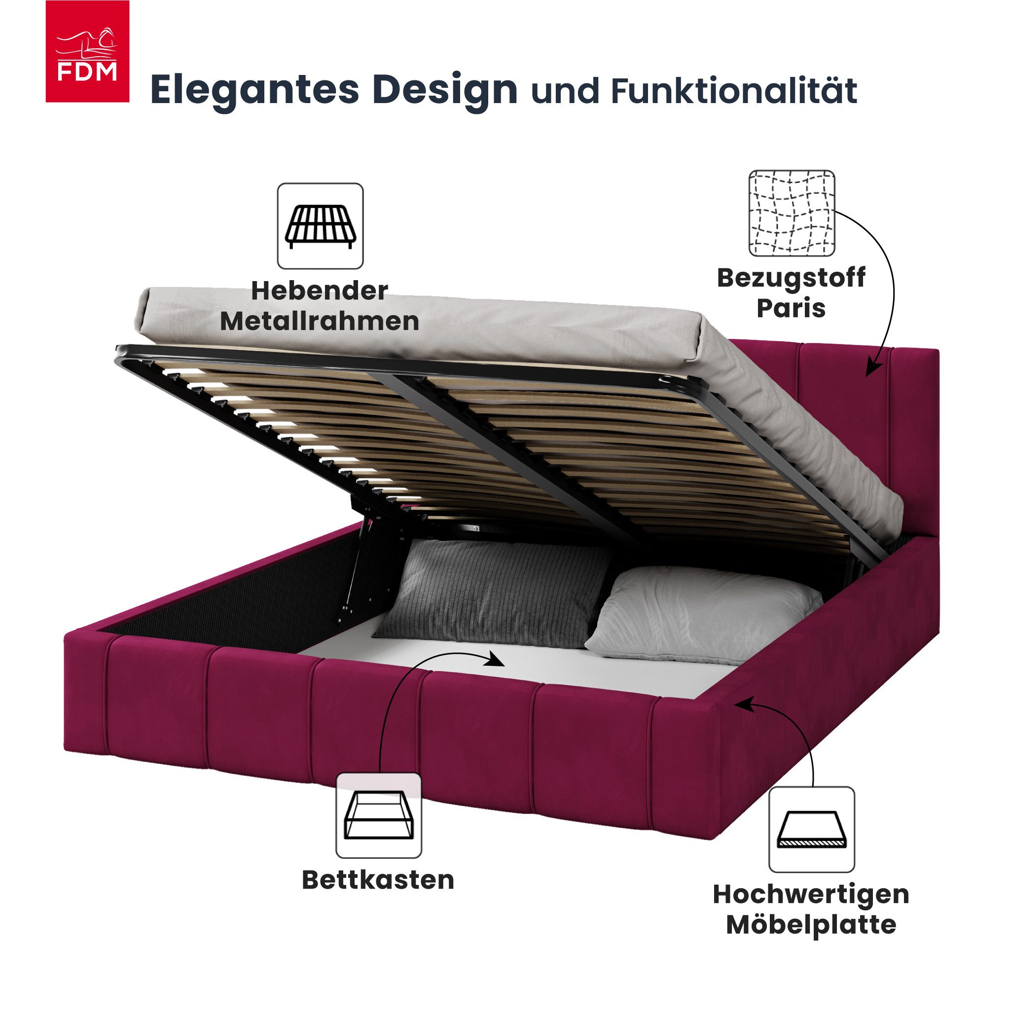 FDM Polsterbett FLORIDA Paris Bettgestell 90x200, 120x200, 140x200, 160x200, 180x200cm (verfügbar 90x200 120x200 140x200 160x200 180x200cm, Bettrahmen, Bett, mit großen gepolsterten Kopfteil, mit Bettkasten zum aufklappen), Hebbarer Metallrahmen, Bettkasten, mit/ohne Matratze