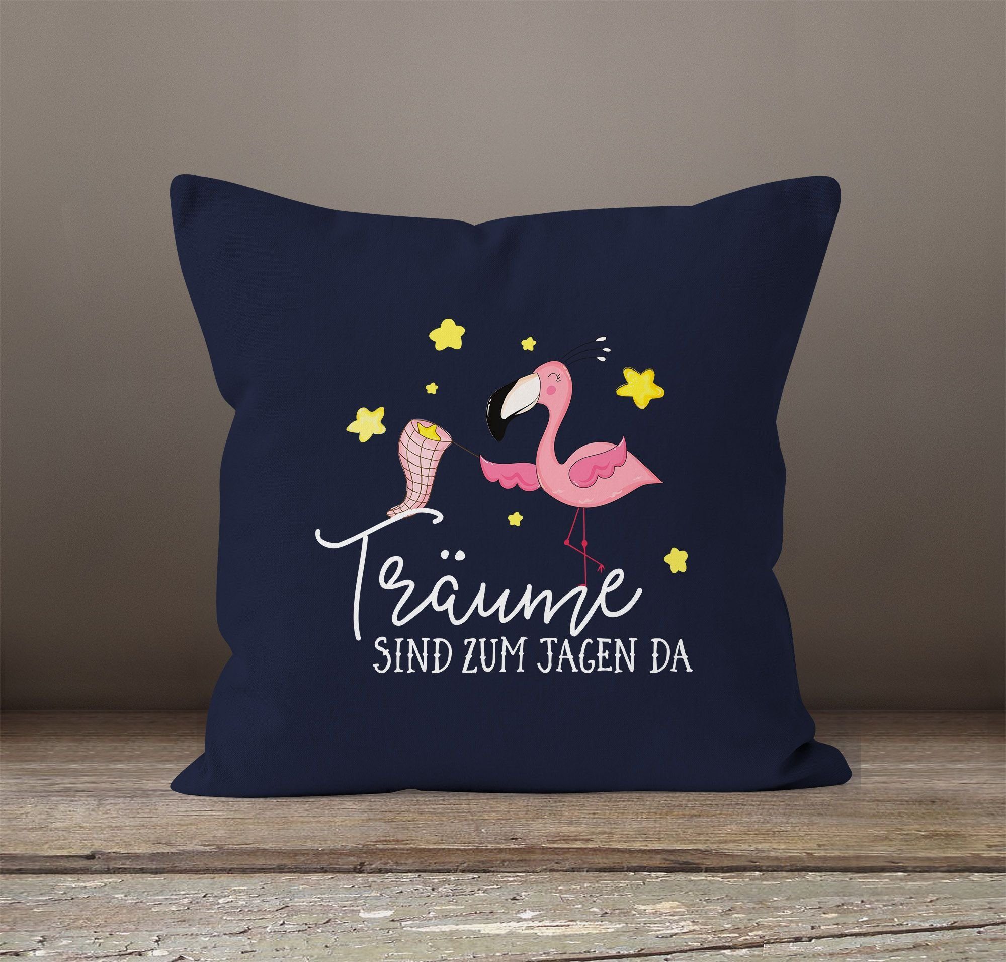 MoonWorks® Träume Flamingo jagen Dekokissen sind da Baumwolle Kissen-Hülle navy MoonWorks Deko-Kissen Kissen-Bezug zu