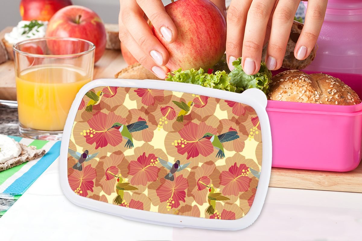 Kinder, Lunchbox Blume Brotbox Muster Erwachsene, Kolibri, rosa Snackbox, Brotdose Mädchen, Vogel Kunststoff - Kunststoff, für MuchoWow - (2-tlg), -