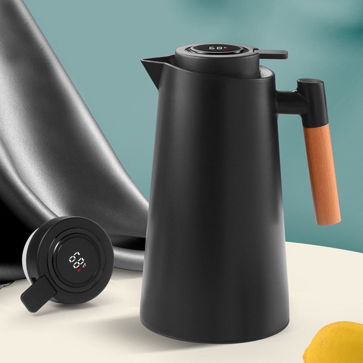 LIANNA Isolierkanne 1L Thermoskanne mit Anzeige, Holzgriff, lange Warmhaltung, 1 l, (Set, 1-St., 1× Thermoskanne 1L, mit Deckel, sofort einsatzbereit), 1L, Temperaturanzeige, lange warm/kalt, Holzgriff, auslaufsicher