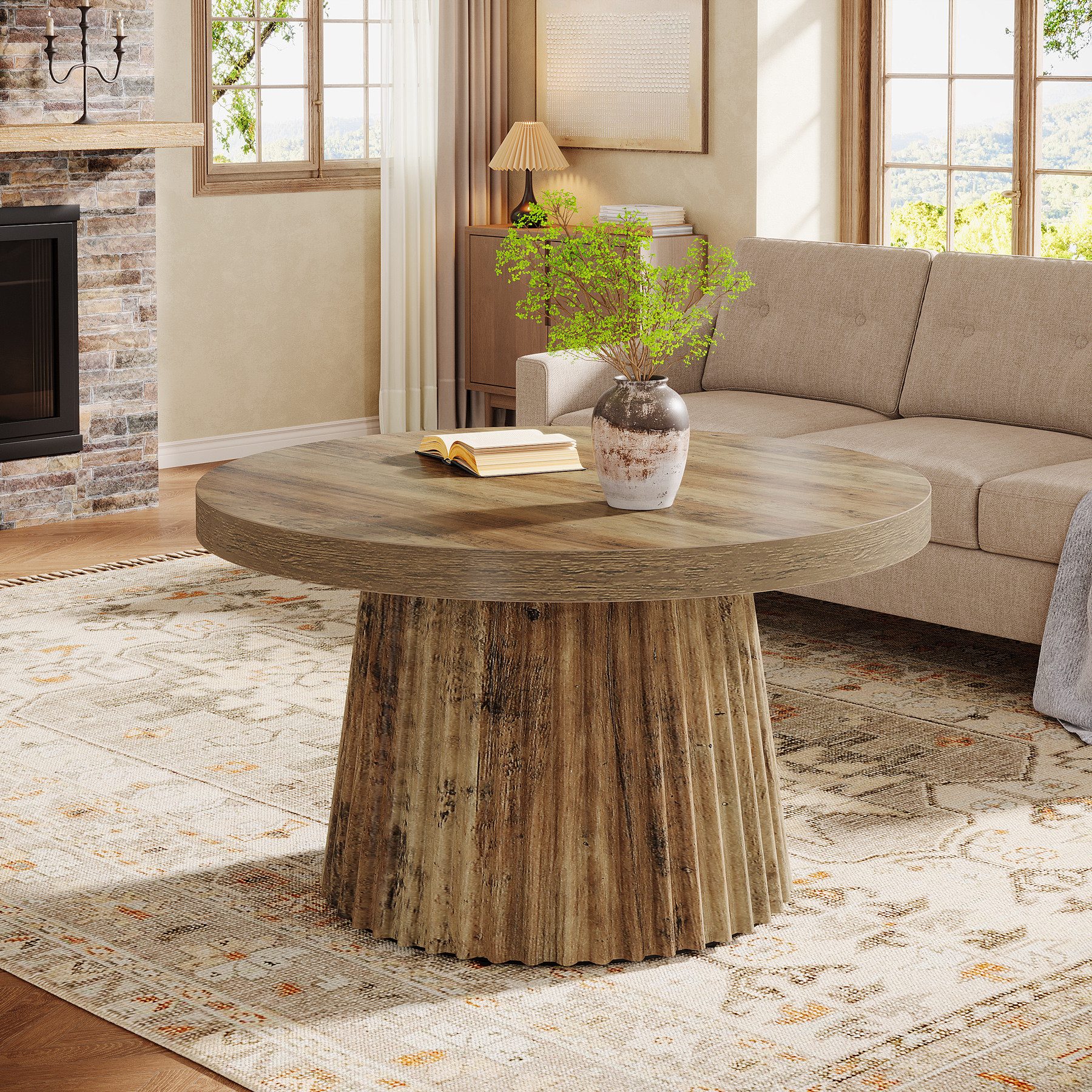 Tribesigns Couchtisch 80 cm Runder Wohnzimmertisch mit Trommel Basis und Holzoptik – Braun