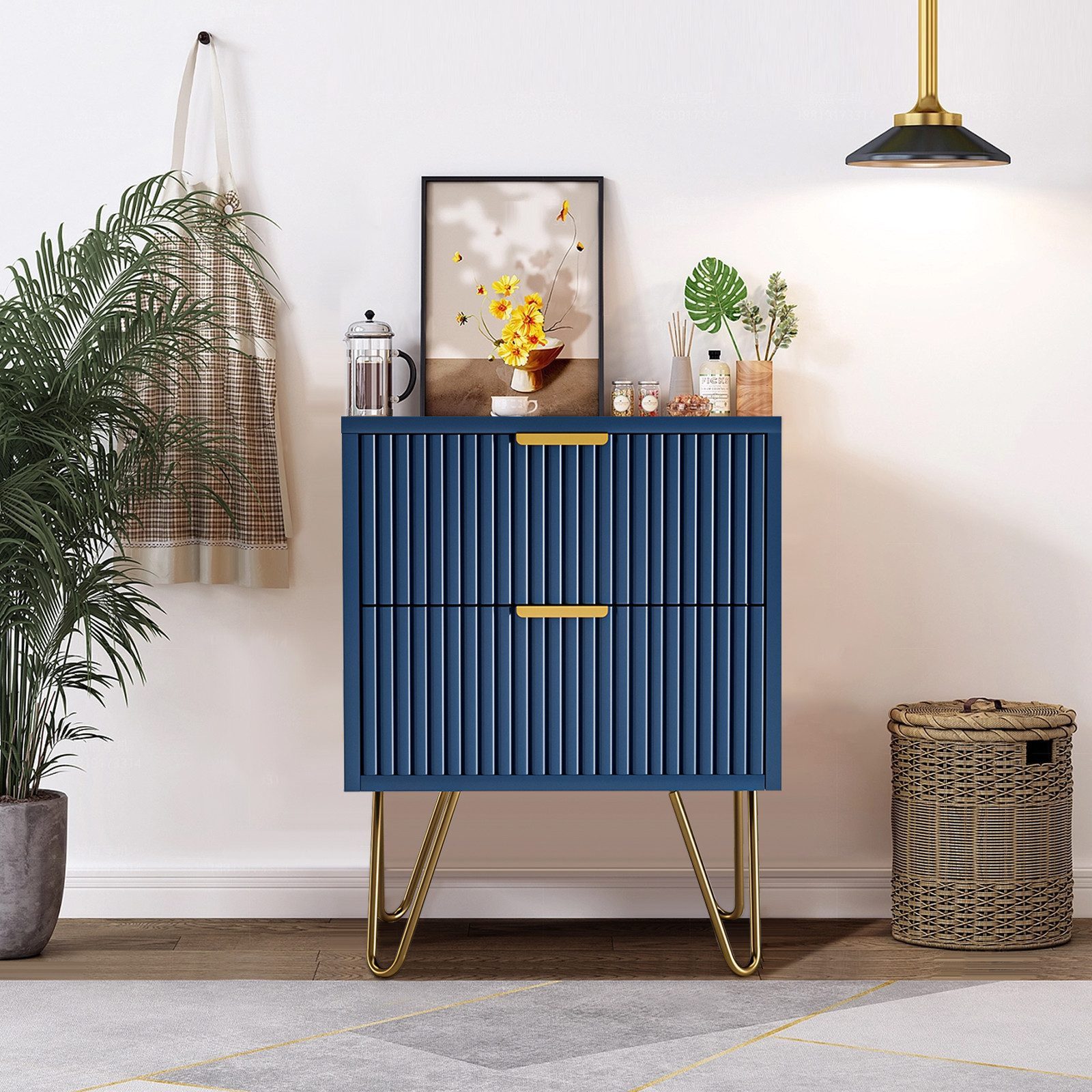 FUROKOY Nachttisch 2er set Nachtschrank mit Schubladen, Beistelltisch mit Metallbeine (Sofatisch Beistelltisch mit 2 Schubladen, Dunkelblau), Schubladenschrank für Schlafzimmer Flur Wohnzimmer, 40 x 35.5 x 50 cm