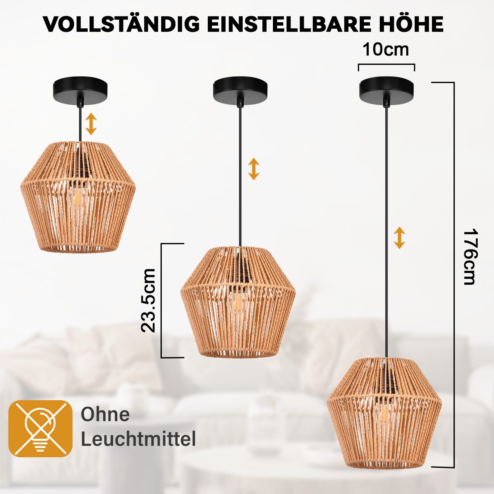 ZMH Pendelleuchte Esszimmer 150 cm Vintage Rattan Hängelampe E27 für Wohnzimmer Flur, ohne Leuchtmittel – Bild 4 von 5