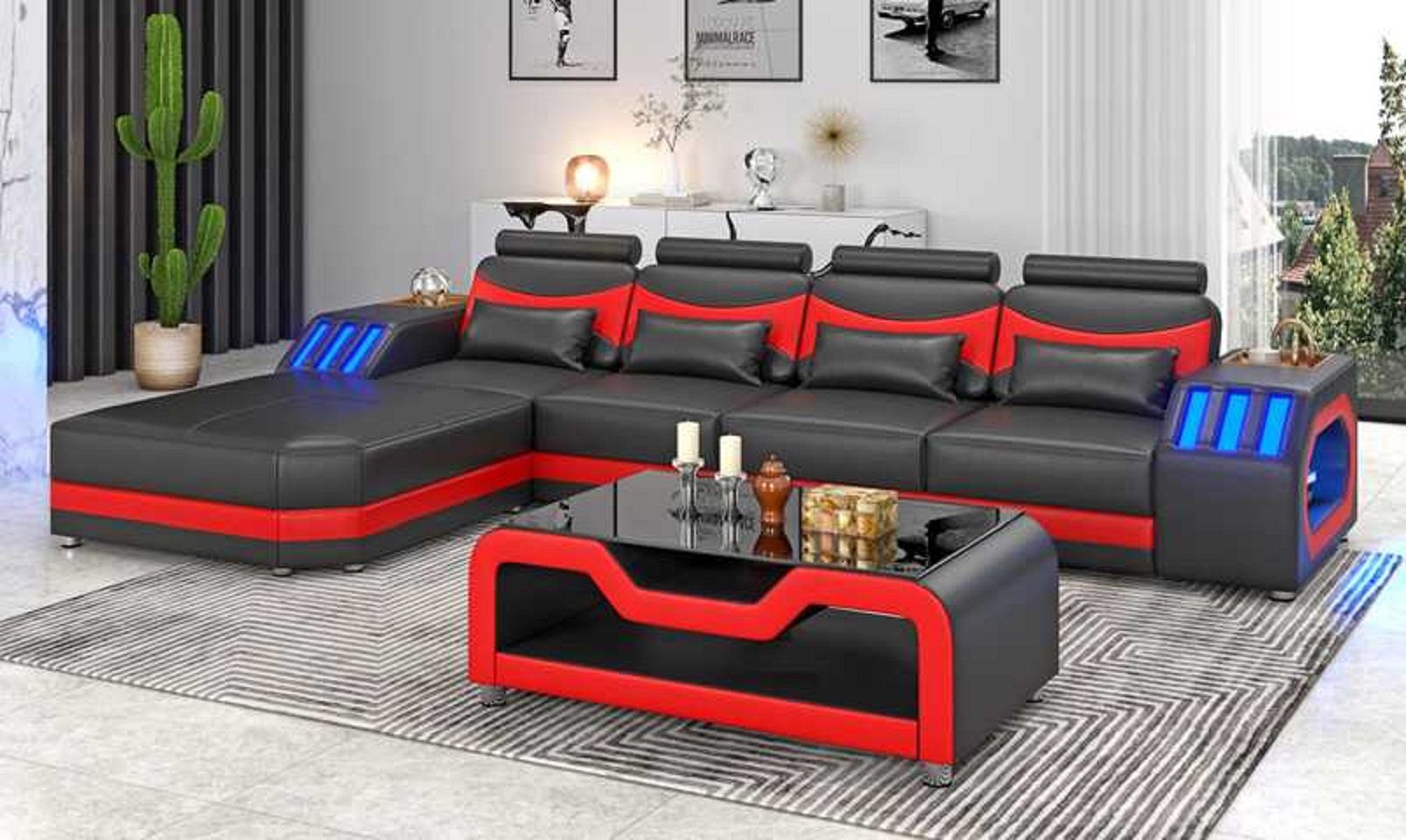 JVmoebel Ecksofa Modern Ecksofa Ledersofa L Form Couch Sofas Luxus Eckgarnitur LED, 3 Teile, Made in Europe Schwarz/Rot