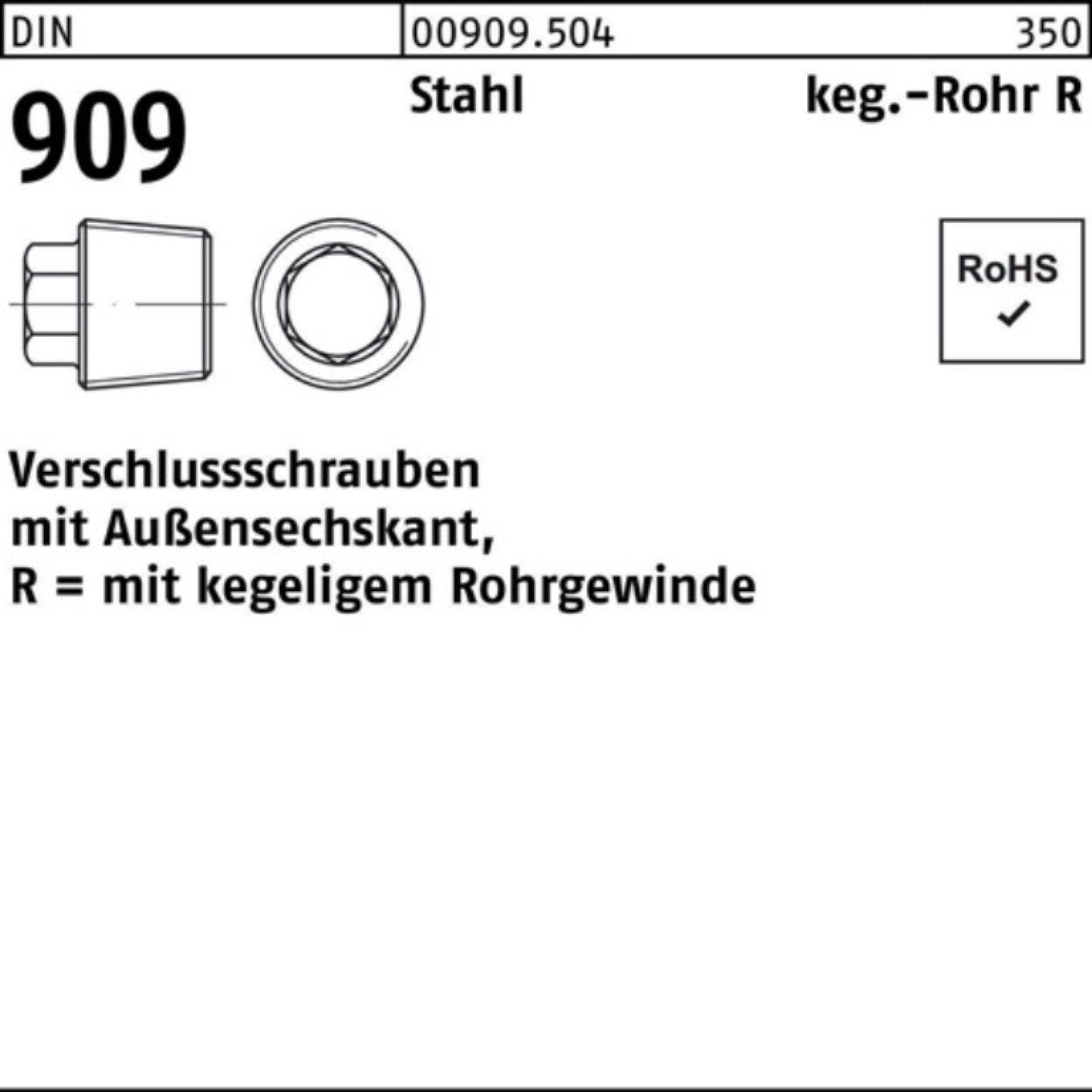 Reyher Schraube 100er Außen-6-kt Pack 909 3/8 Verschlußschraube Stüc R DIN Stahl 50