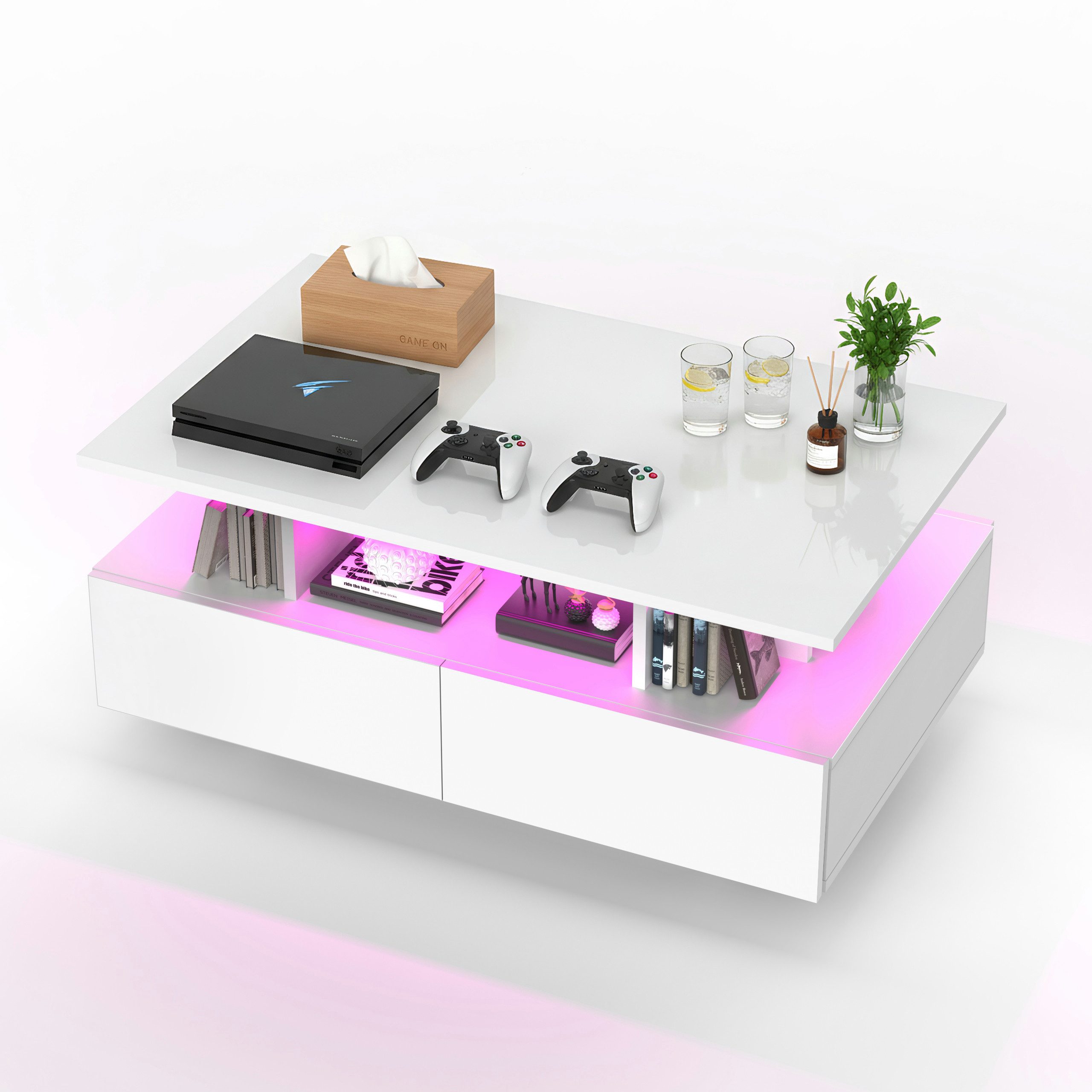oyajia Couchtisch Wohnzimmertisch Hochglanz mit LED Beleuchtung & Fernsteuerung (Bluetooth-Fernbedienung.App-Steuerung, offenen Fächern,stabil, pflegeleicht, Hochglanz-Design), 90 x 55 x 40cm Beistelltisch,mit 4 Schubladen,Farbwechsel-LEDs