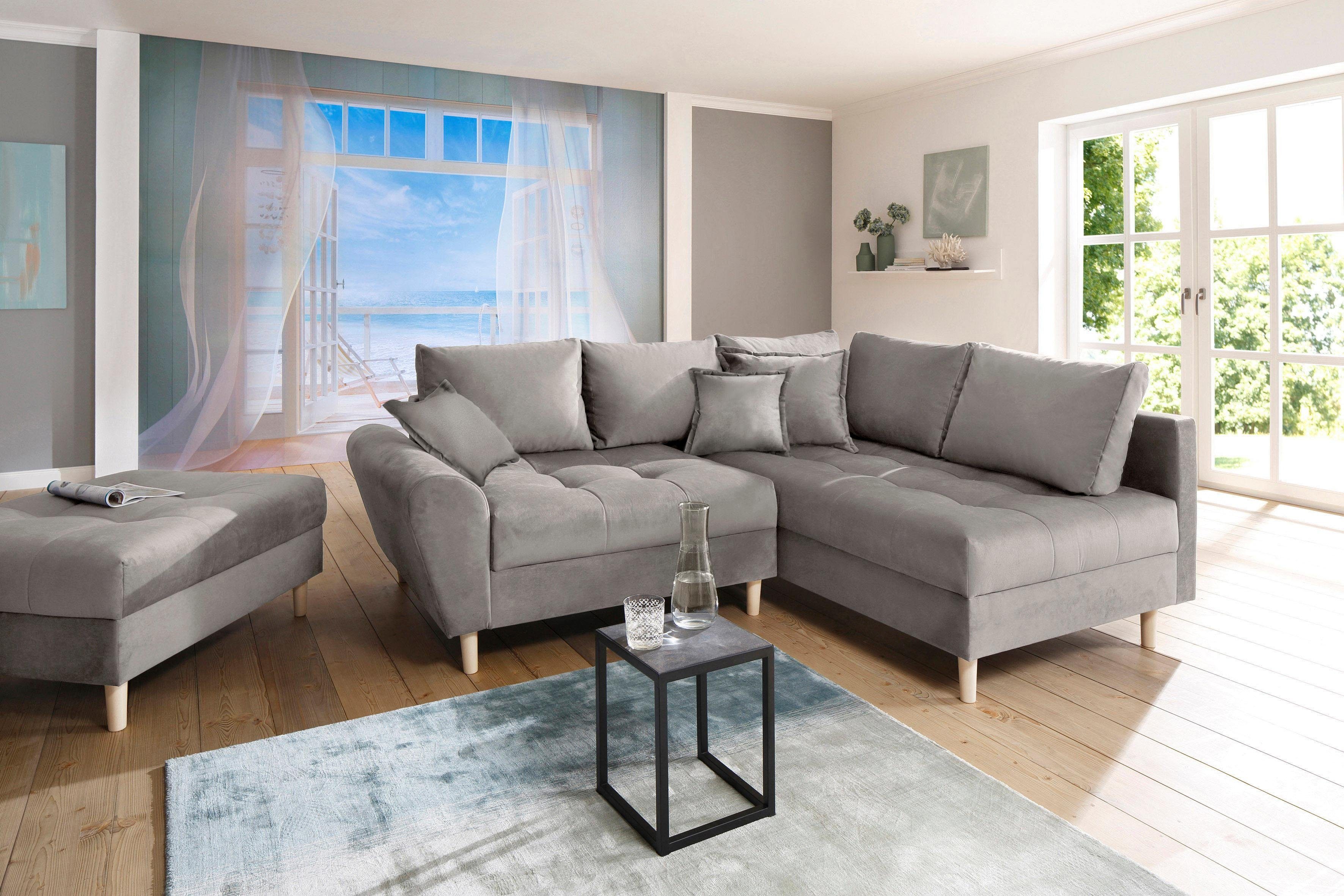 Home affaire Ecksofa Rice L-Form inkl. Hocker, Set, mit Bonnellfederkern, Hocker & Kissen, Ottomane beidseitig montierbar