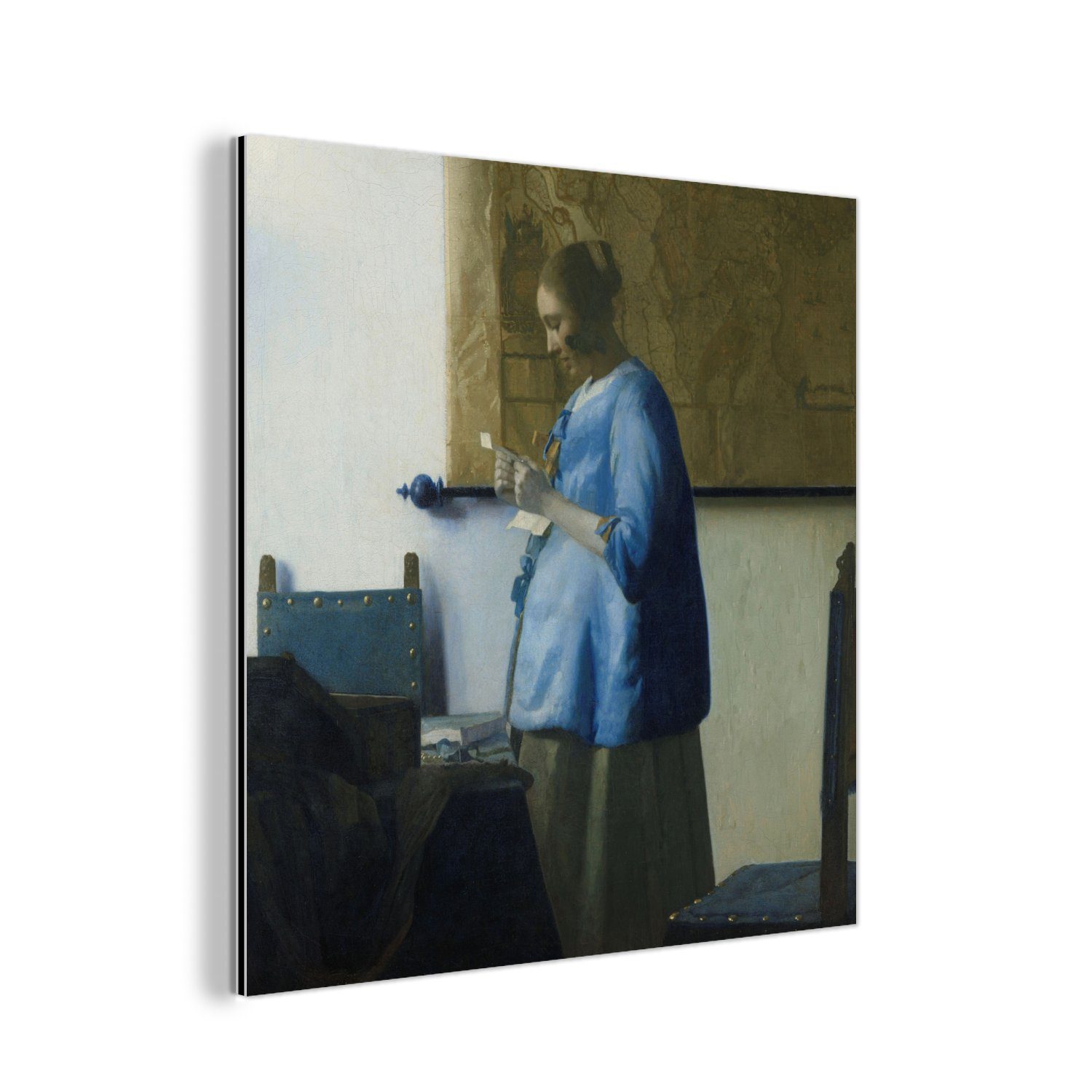 MuchoWow Metallbild Frau in Blau liest einen Brief - Gemälde von Johannes Vermeer, (1 St), Alu-Dibond-Druck, Gemälde aus Metall, Aluminium deko
