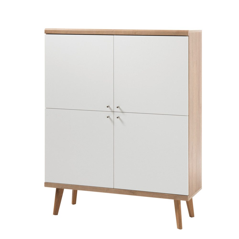 Lomadox Highboard MAINZ-61, Würfel im Retro-Stil in weiß matt mit Eiche Riviera Nb. 107x134x40cm