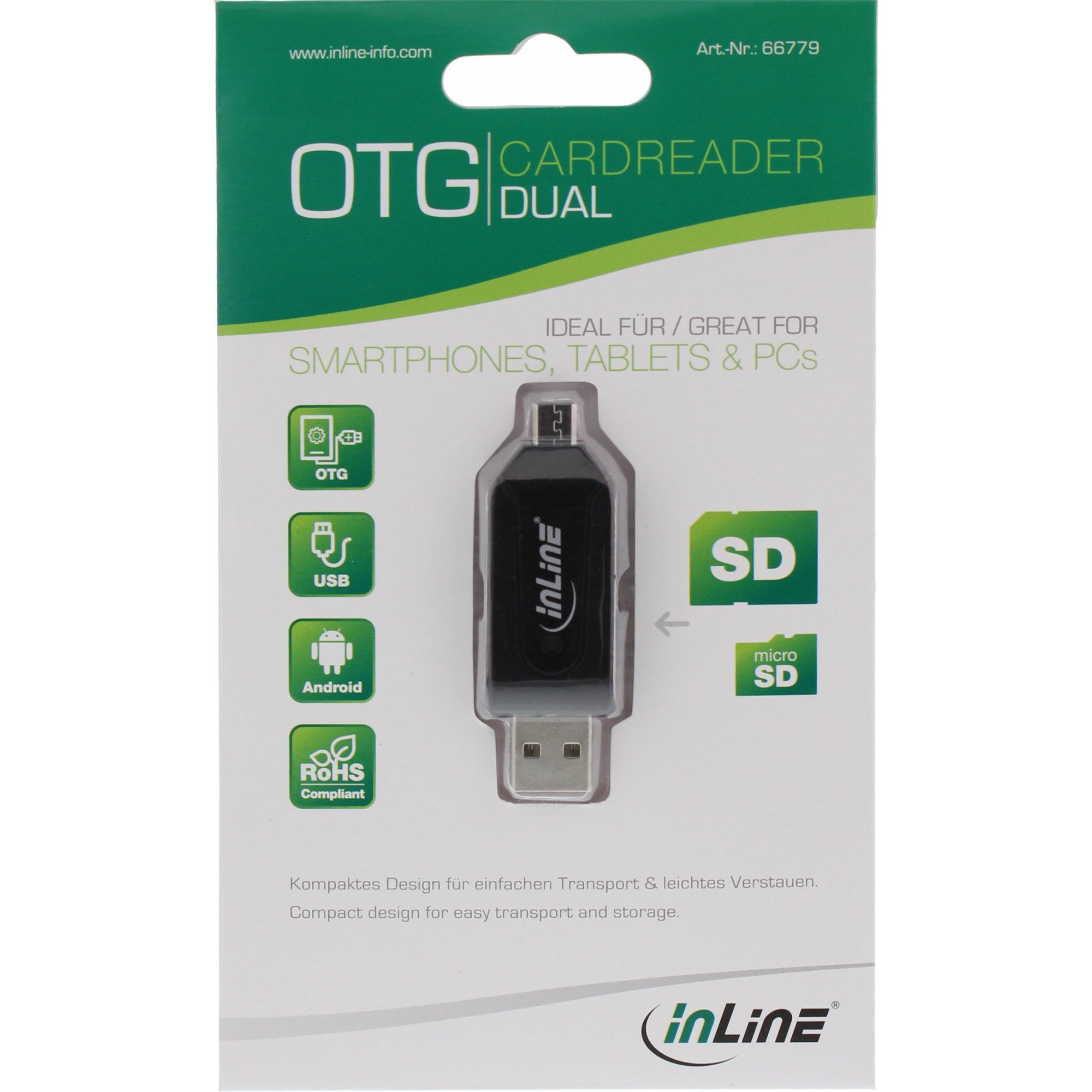 Inline InLine® Dual Card Reader für SD und microSD, für Android (OTG) und PC USB-Adapter