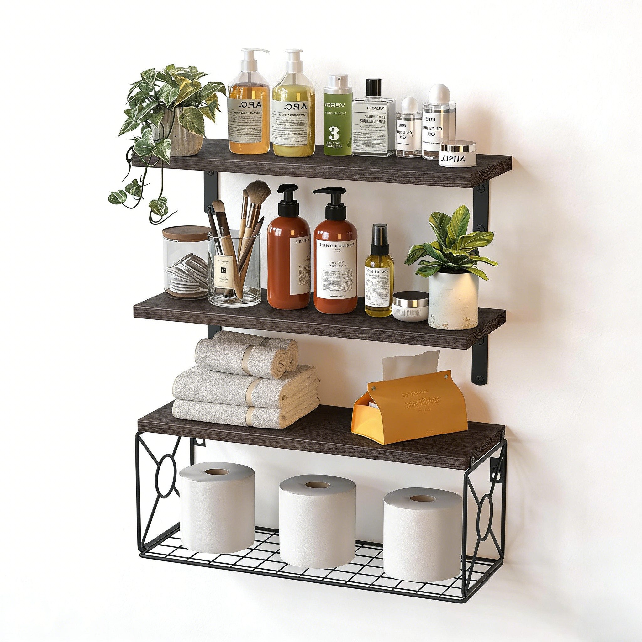 BlingBin Wandregal Badregal 3er Set Natur-Schwarz, Küchenregal, 3er Set (2 x Holzregal, 1 x Holzregal mit Drahtkorb) 3-tlg., Wandregal Holz-Metall für Toilettenpapier, Handtücher und Deko