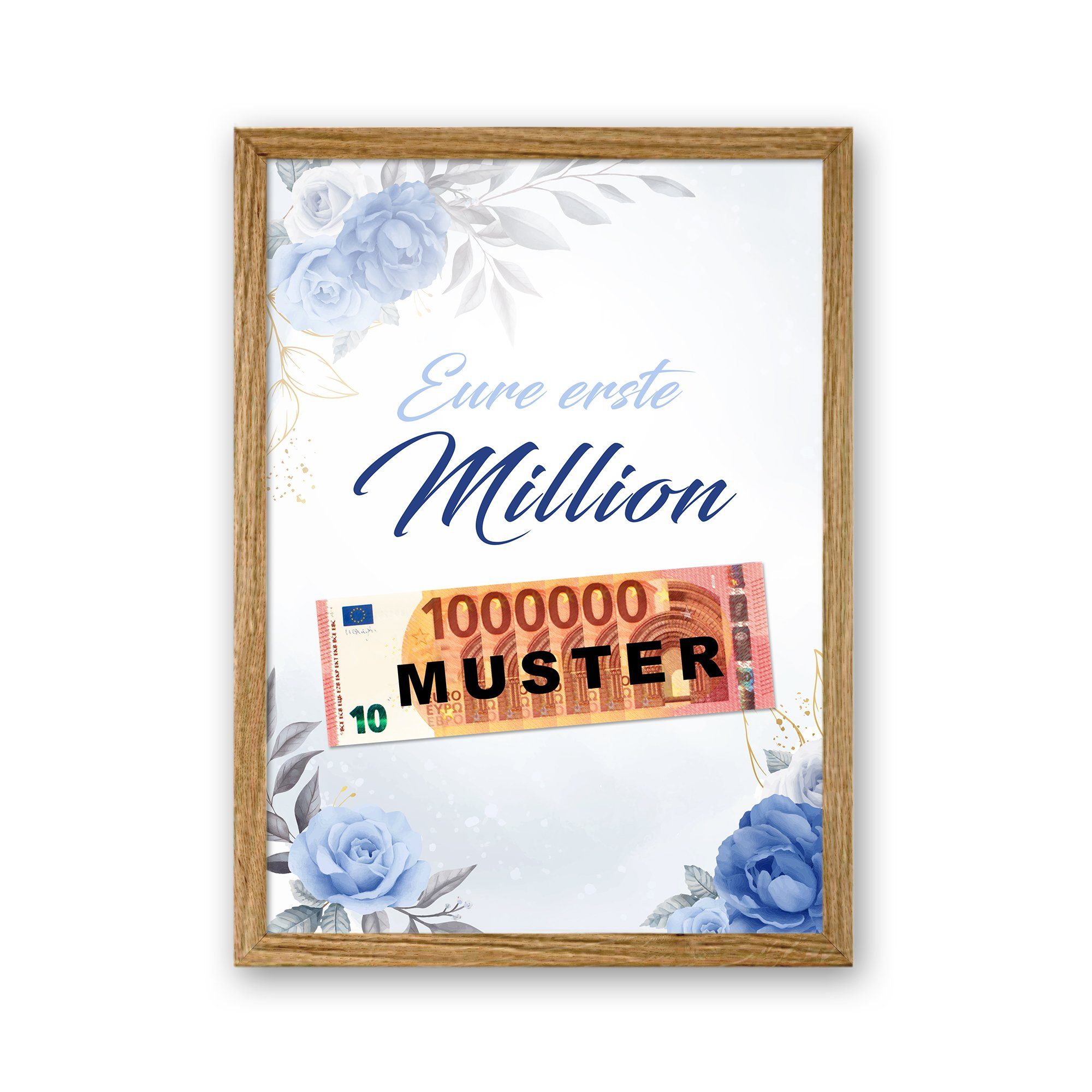 Million“ Premium Feder mit Kunstdruck Rosen, Rahmen A4 DIN blauen Kreative Poster erste A3 wahlweise Rahmen; Poster optional oder „Eure - weißer mit DIN