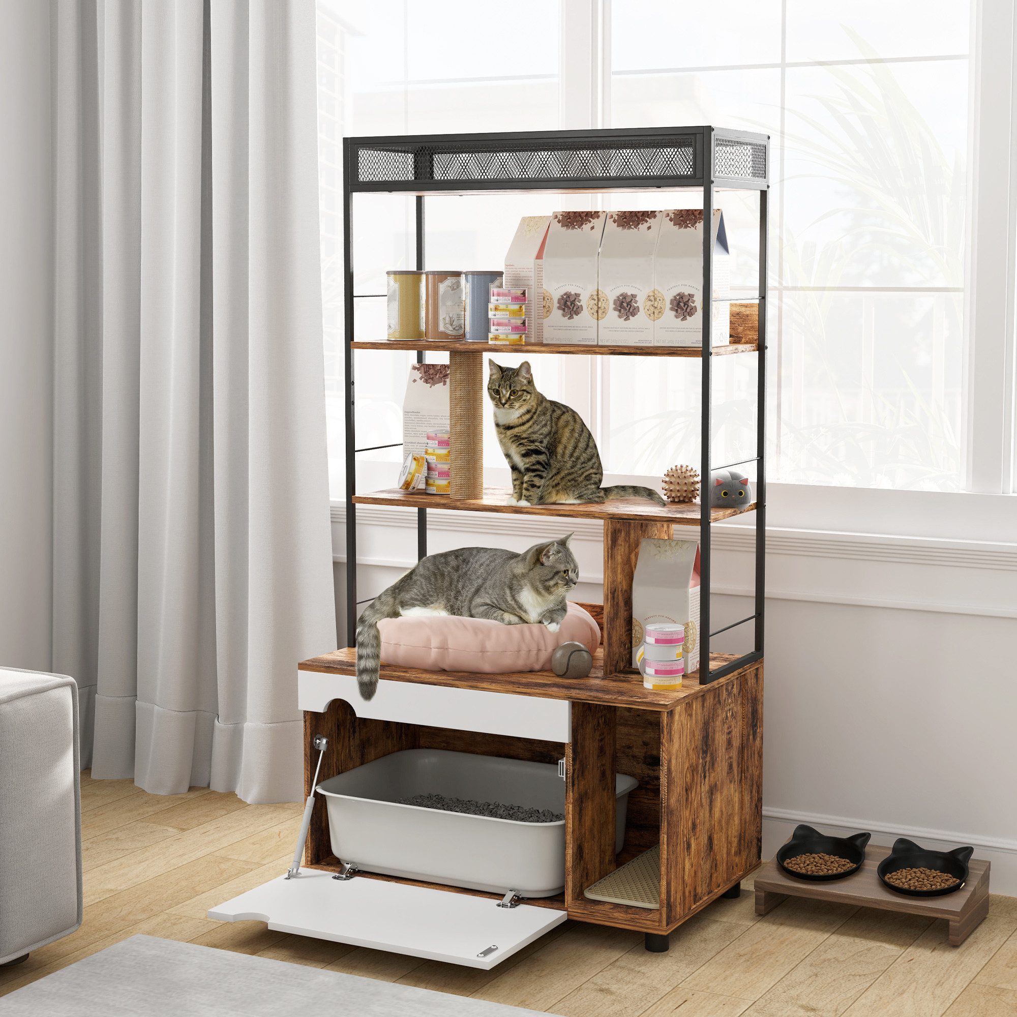 PawHut Tierhaus Katzenklo-Schrank, Katzenschrank, Kratzpfosten, Klapptür, für Katze unter 6 kg, 80 x 48 x 152 cm, Rustikal-Braun