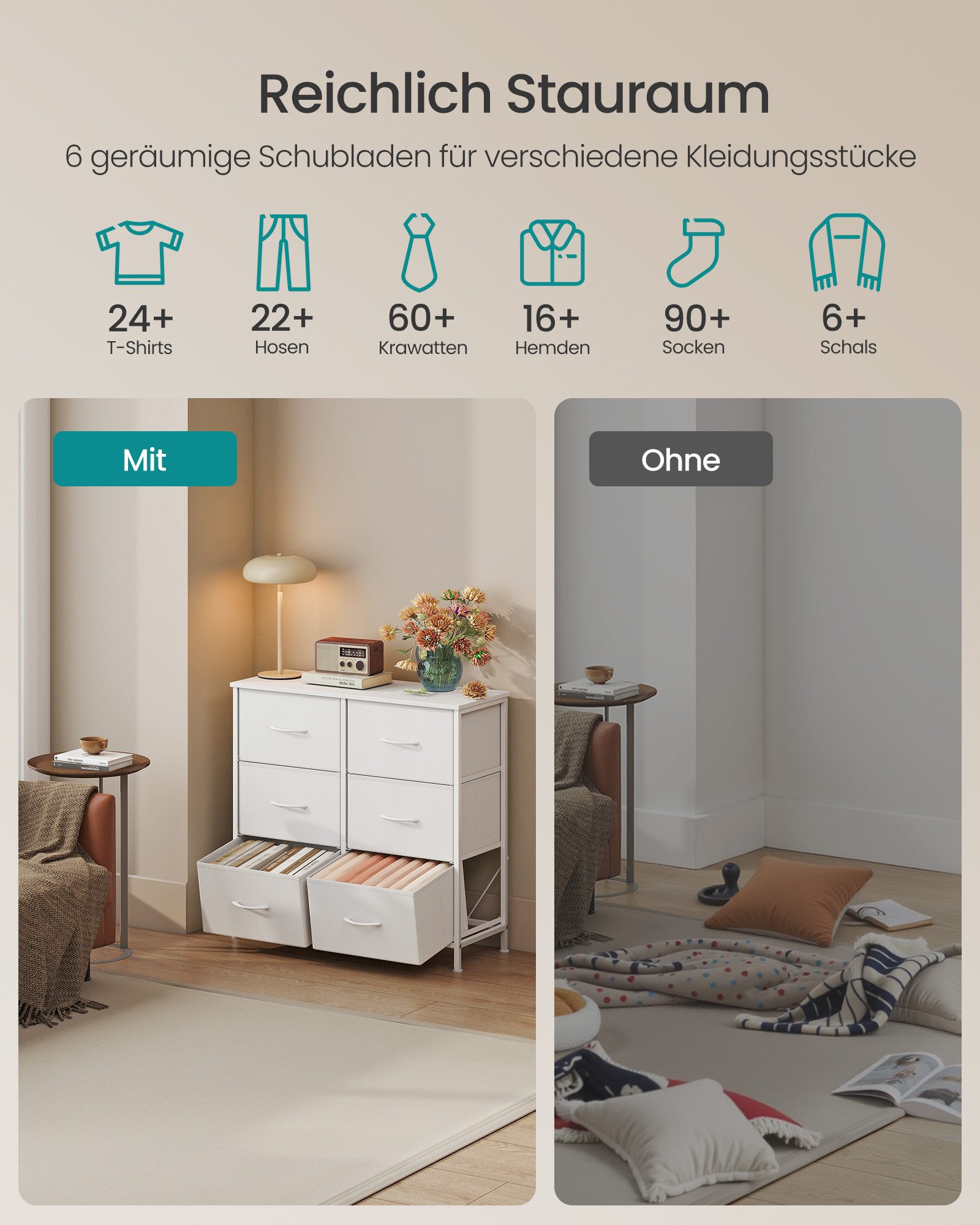 SONGMICS Kommode Schrank, Aufbewahrungsschrank, Stahl, MDF, Vliesstoff, für Schlafzimme