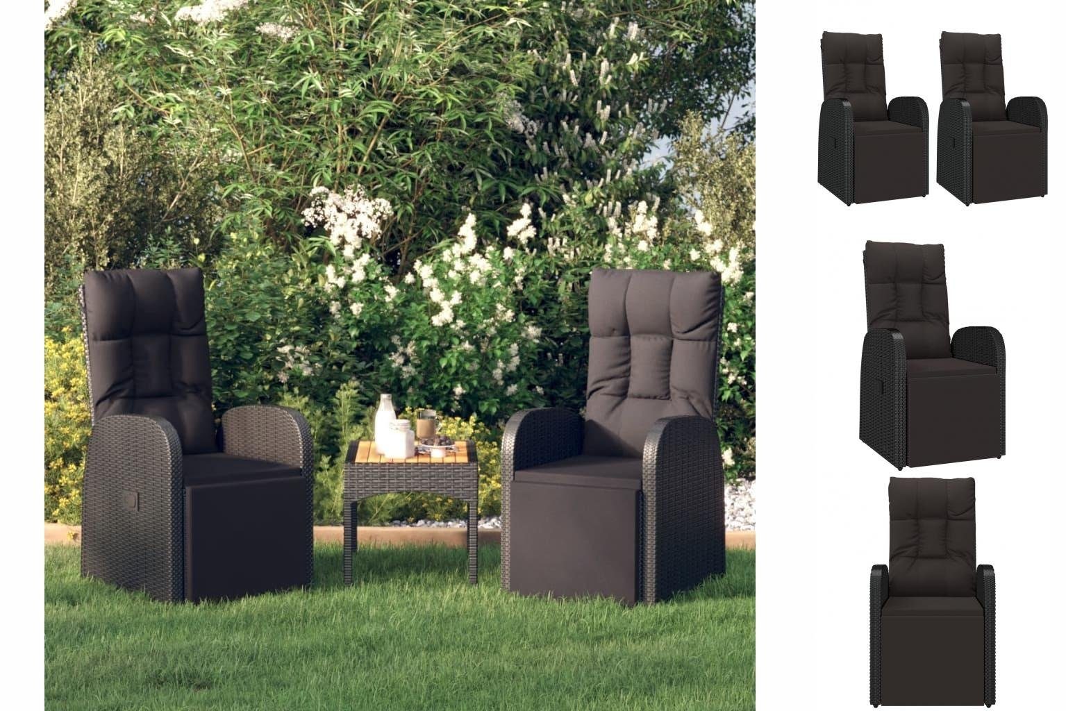 vidaXL Gartenstuhl Gartensessel mit Kissen 2 Stk Verstellbar Schwarz Poly Rattan