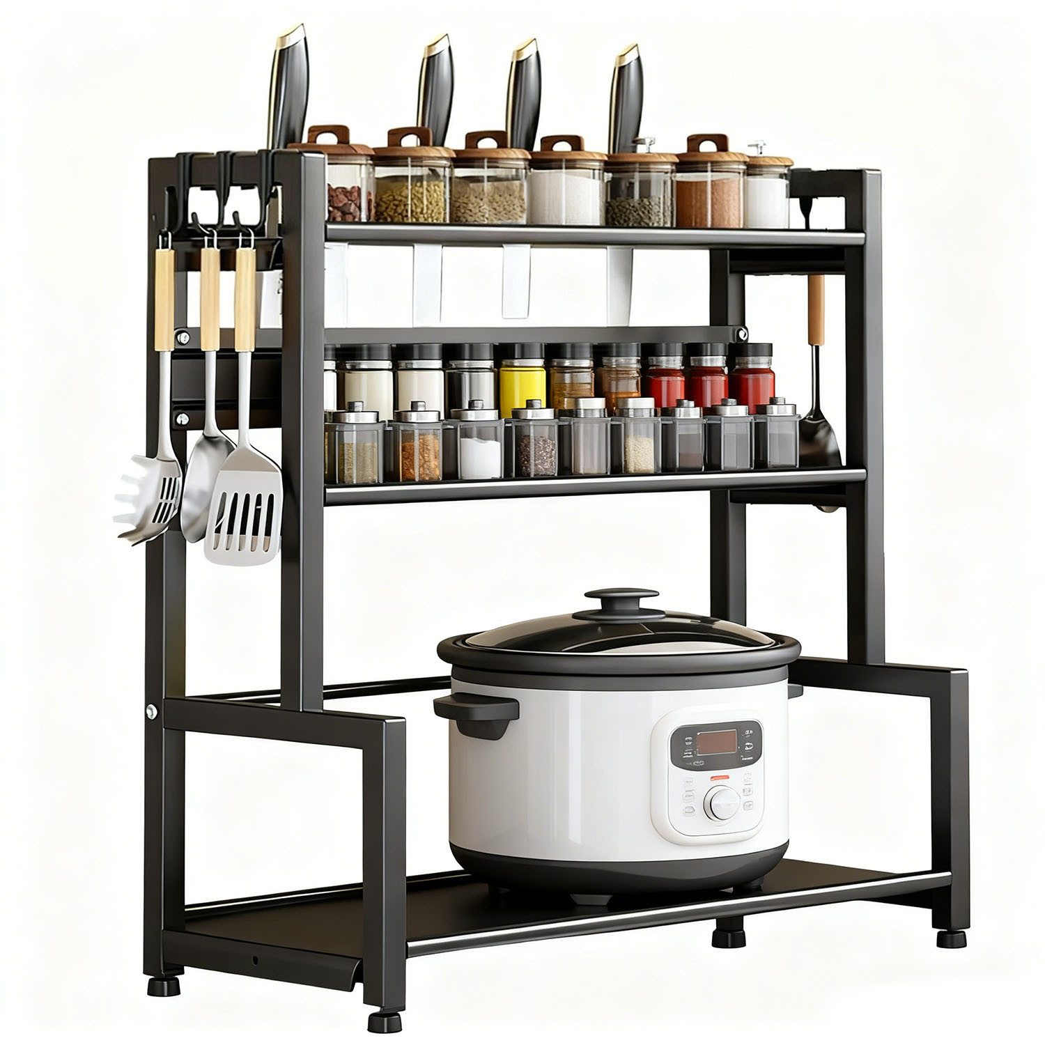 HEYHIPPO Küchenregal Gewürzregal 3-stöckig, Küchenablage aus Kohlenstoffstahl, 50×21×49cm, Küchenorganizer mit Messerhalter und 4 abnehmbaren Haken, Schwarz – Bild 3 von 5