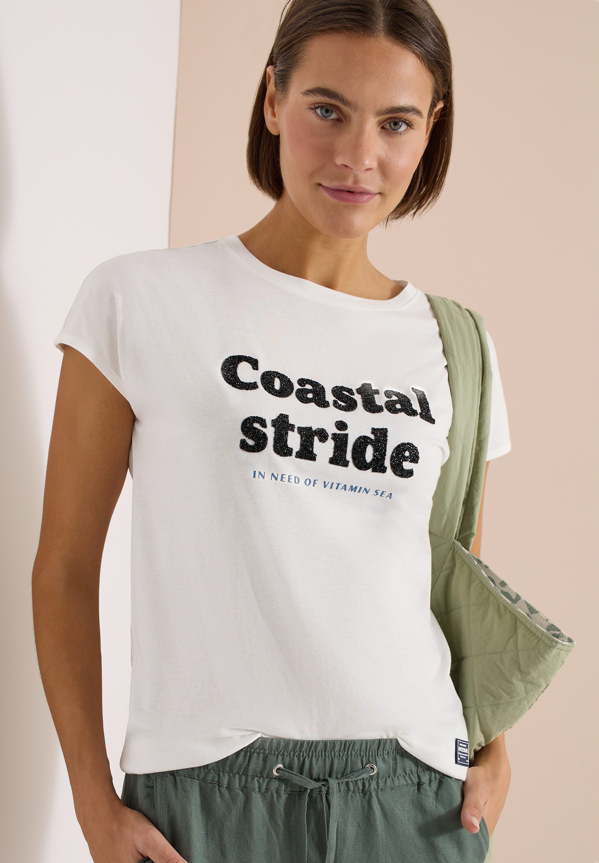 CECIL Kurzarmshirt Sommershirt mit Boatneck und Wording Print