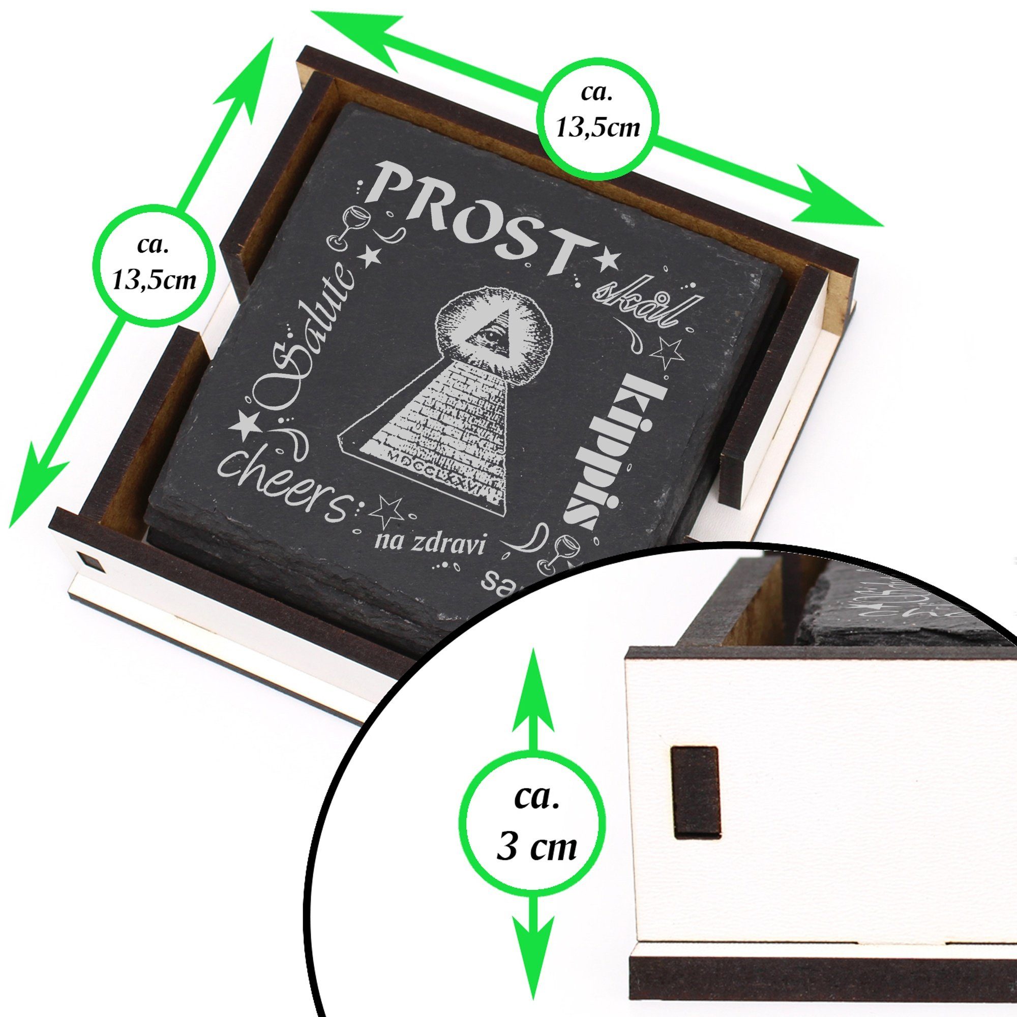 6-tlg. Dekolando Box Flaschenuntersetzer, Freimaurerpyramide - Prost & inkl. Getränkeuntersetzer