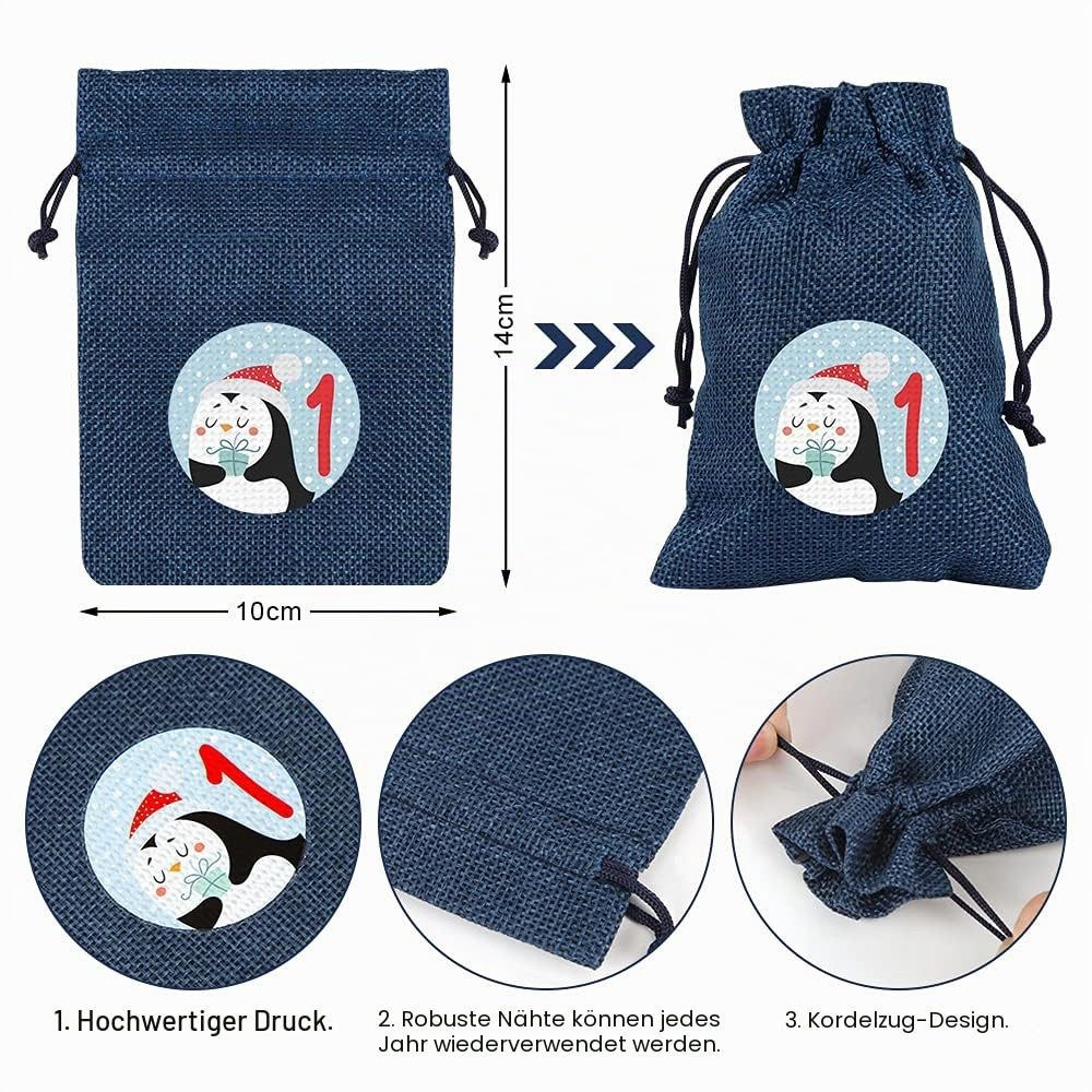 Bomiclss Adventskalender Adventskalender zum Befüllen 24 Jutebeutel Stoffbezug gedruckt, Wiederverwendbar, Weihnachtskalender Jutesäckchen – Bild 3 von 5