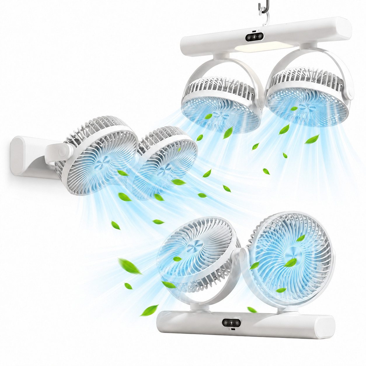MOPUEA Standventilator 3-in-1-Doppelkopf Ventilator 3 Windstufen mit Licht Flexible Montage, 2 Köpfe, 3 Stufen, USB-C, Licht und flexible 3-in-1-Montage für Räume.