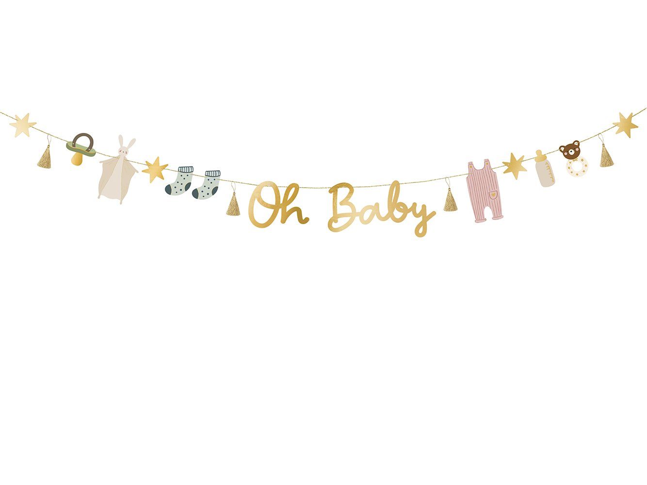 partydeco Girlande, Oh Baby Girlande Banner aus Papier mit Quasten 2,5m gold Farbmix