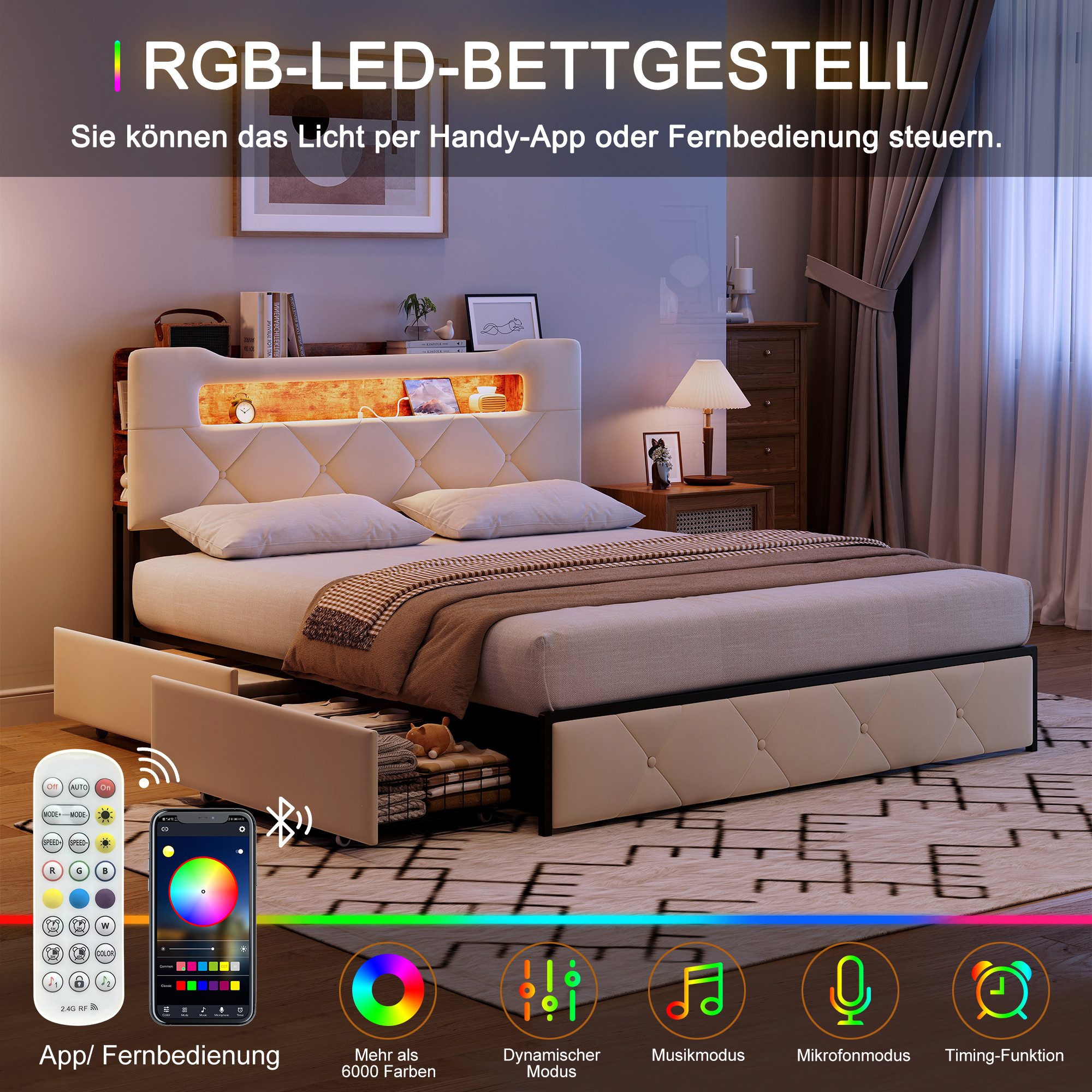 Gdood Polsterbett LED Stauraumbett 140x200cm, Doppelbett mit Kopfteil und 4 Schubladen (1-tlg., Samtmaterial Polsterbett mit RGB Beleuchtung), Bett mit Lattenro – Bild 4 von 5