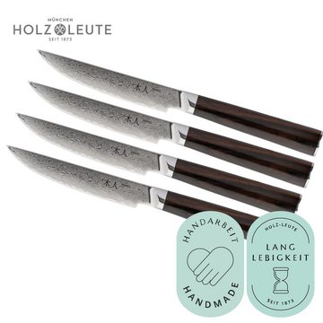 Holz-Leute Steakmesser 4 Steak Messer Damast Ebenholz Flachschliff, 13 cm Klinge, Hochglanz poliert, rostfrei