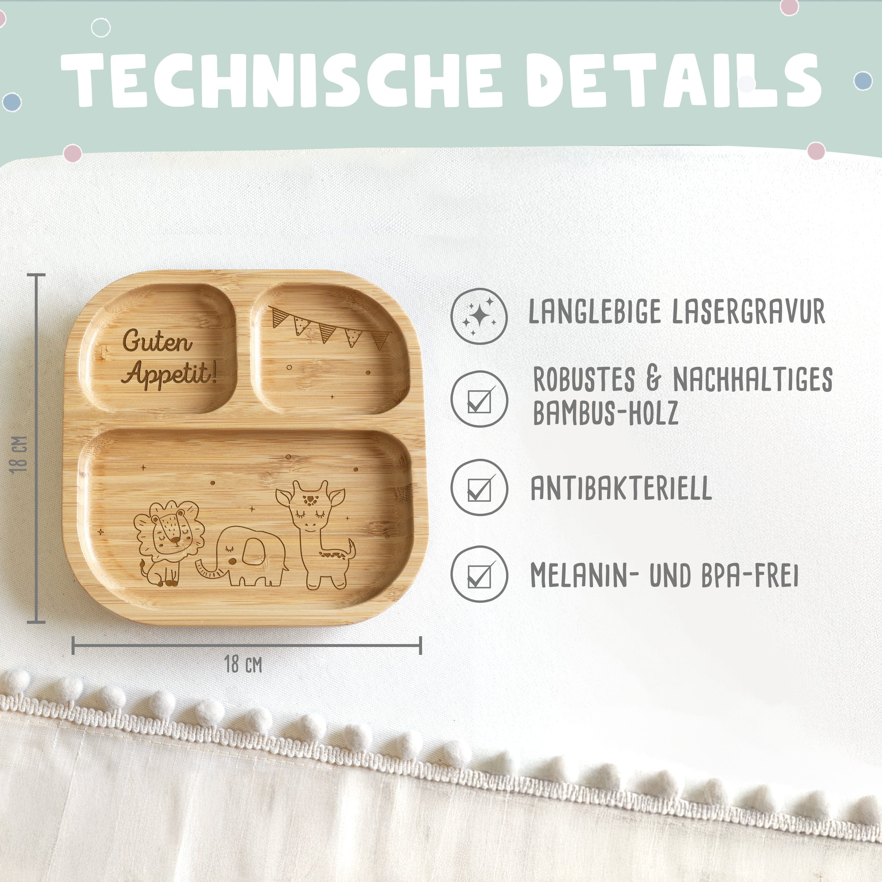 hellomini Kindergeschirr-Set Babyteller "Safari" Bambus Nur Teller (1-tlg), 1 Personen, Bambus, Silikon, BPA-frei, mit Motiv, rutschfest,Saugnapf, Montessori-Fächer