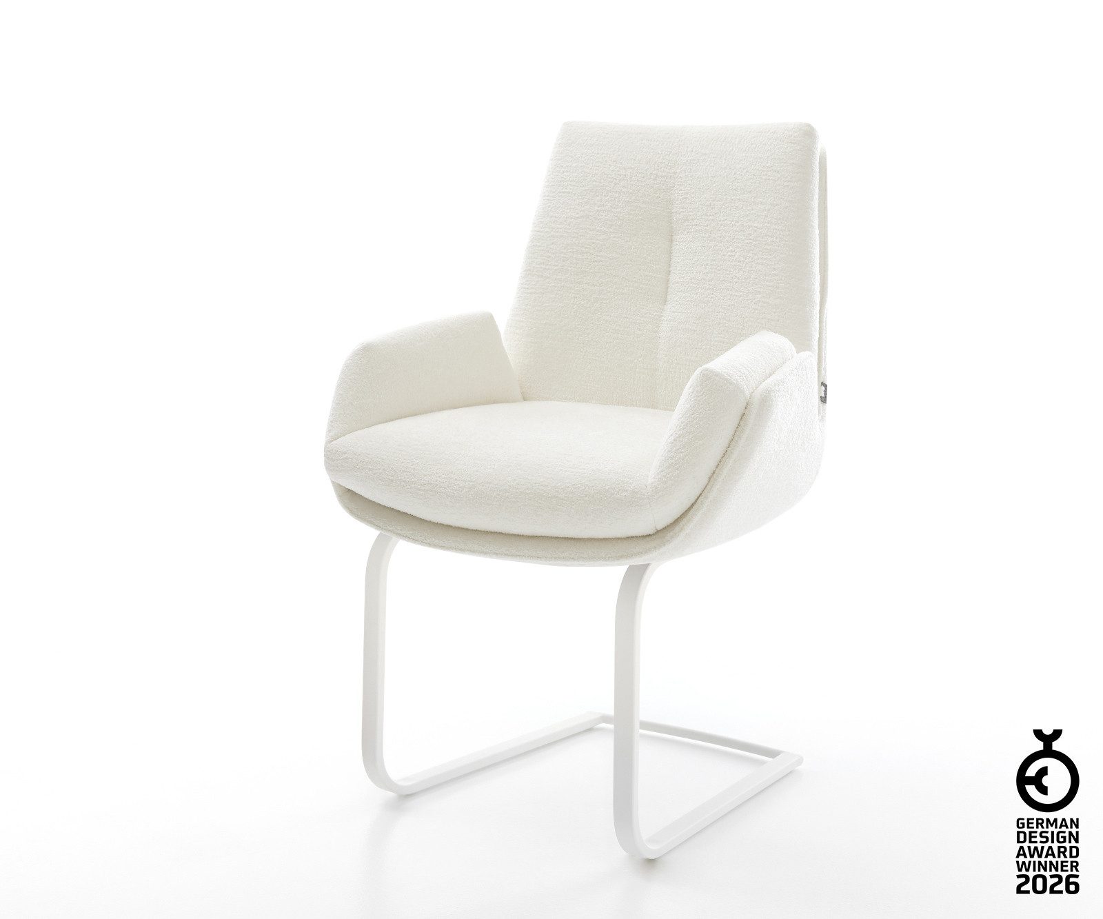 DELIFE Polsterstuhl Clea-Flex, Freischwinger flach Weiß Bouclé Soft Beige