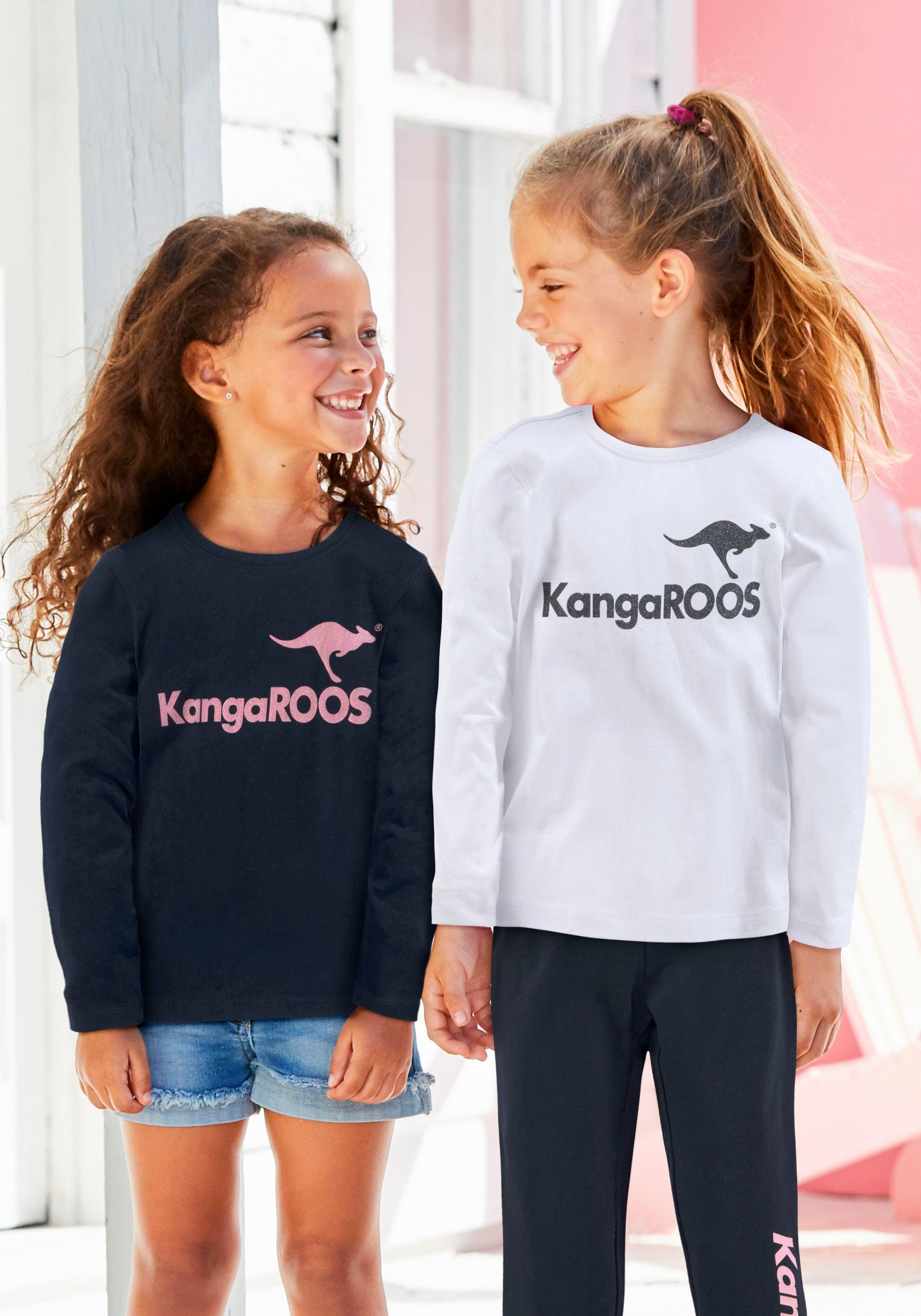 KangaROOS Glitzerdruck (Packung, mit 2-tlg) Langarmshirt