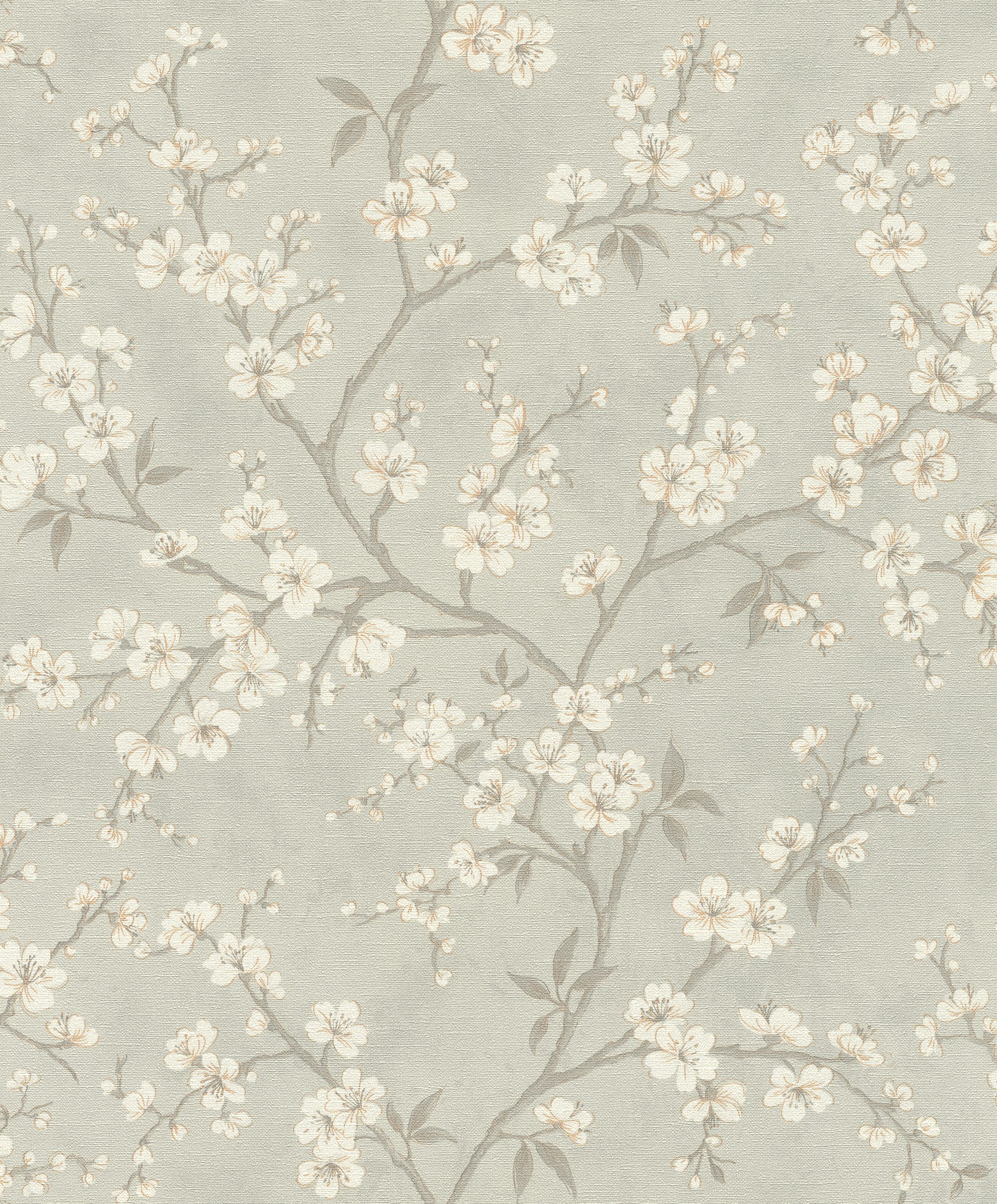 Rasch Vliestapete Kirschblüten & Zweige - Vinyltapete Grau Grün, floral, glänzend, Textiloptik, (1 Rolle, 1 St., Kollektion 'Country Charme' - 10,05 m x 0,53 m), Lichtbeständige Farben - Feucht abwischbar - Restlost abziehbar
