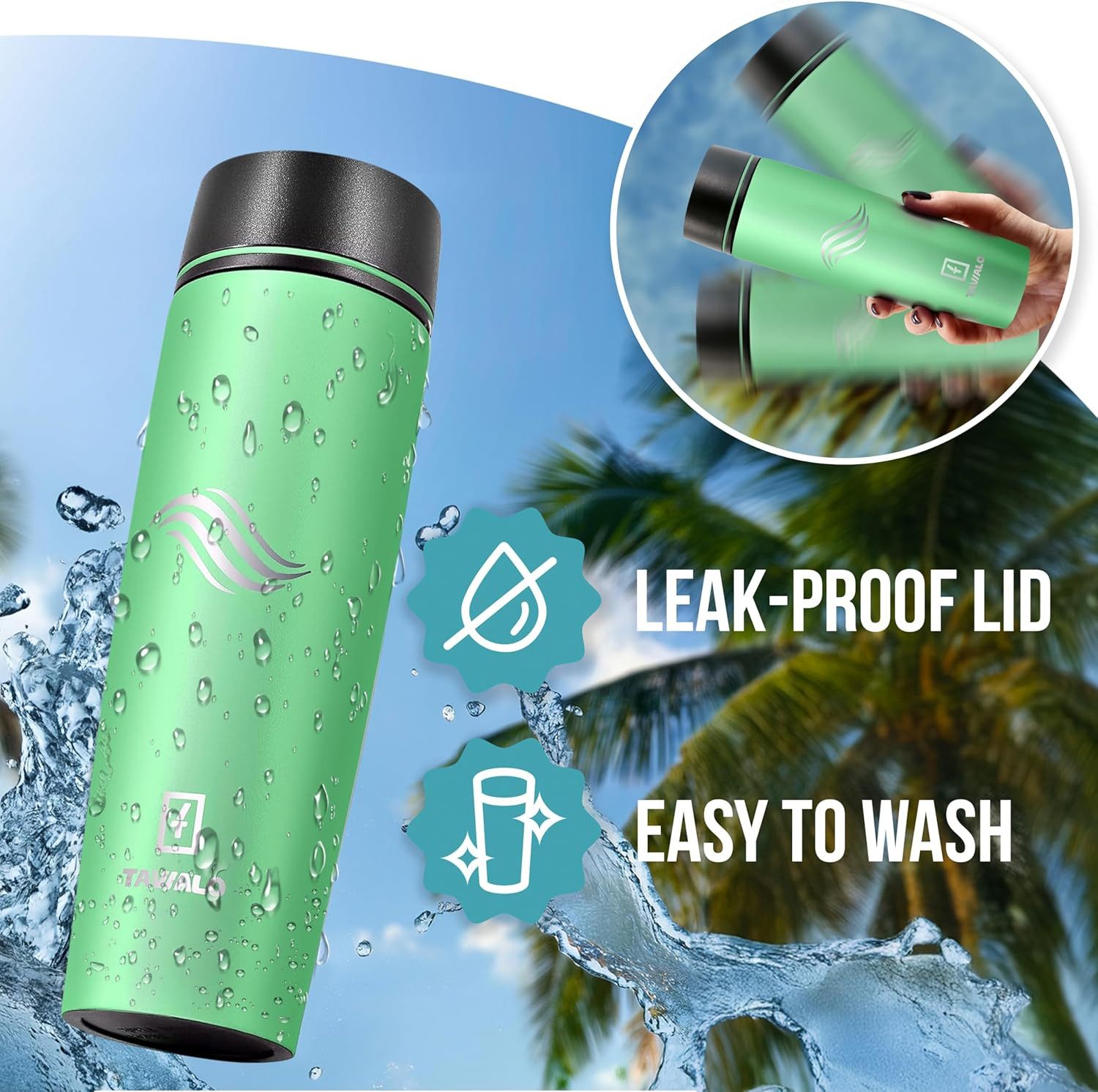 TAVIALO Isolierflasche 460ml mintgrün matt Inox Edelstahl, Pulverbeschichtung, Kaffeebecher, ideal für Reisen, Schule, Camping, Wanderungen, beim Sport