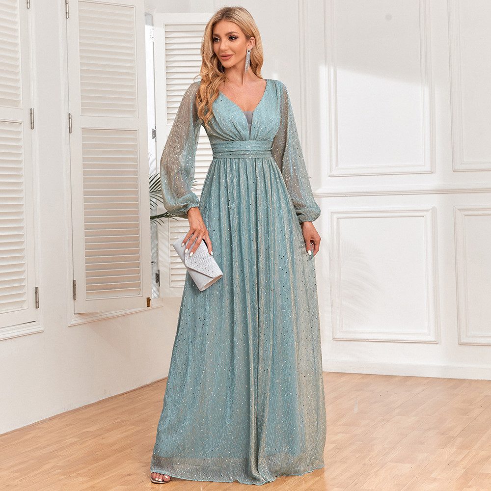 jalleria Dirndl Funkelndes Langarmkleid mit V-Ausschnitt langes elegantes Abendkleid