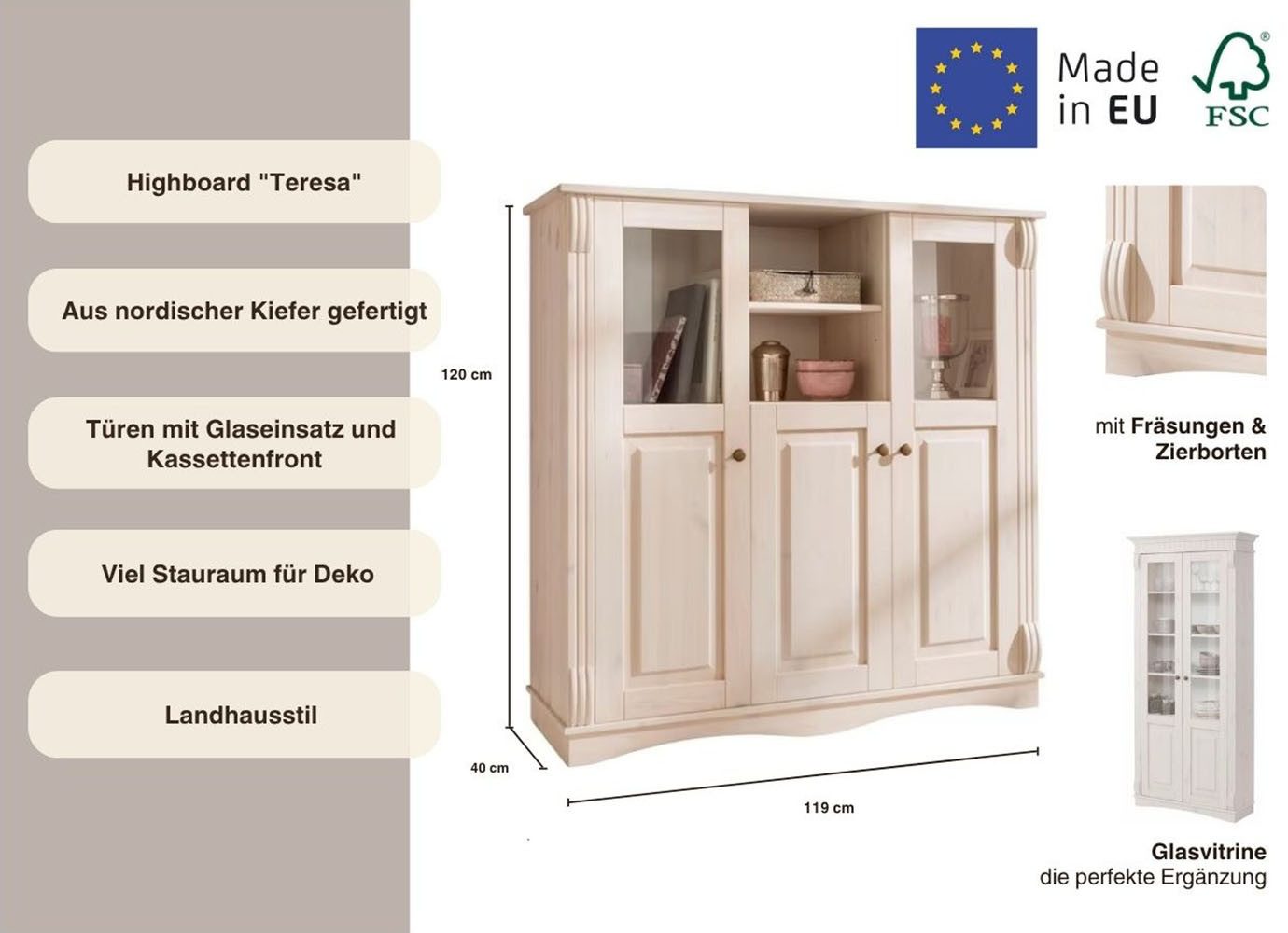 OTTO home Highboard Teresa (Maße (B/T/H): 119/40/120 cm), Vitrine, Türen mit Glaseinsätzen, aus massiver Kiefer, FSC®